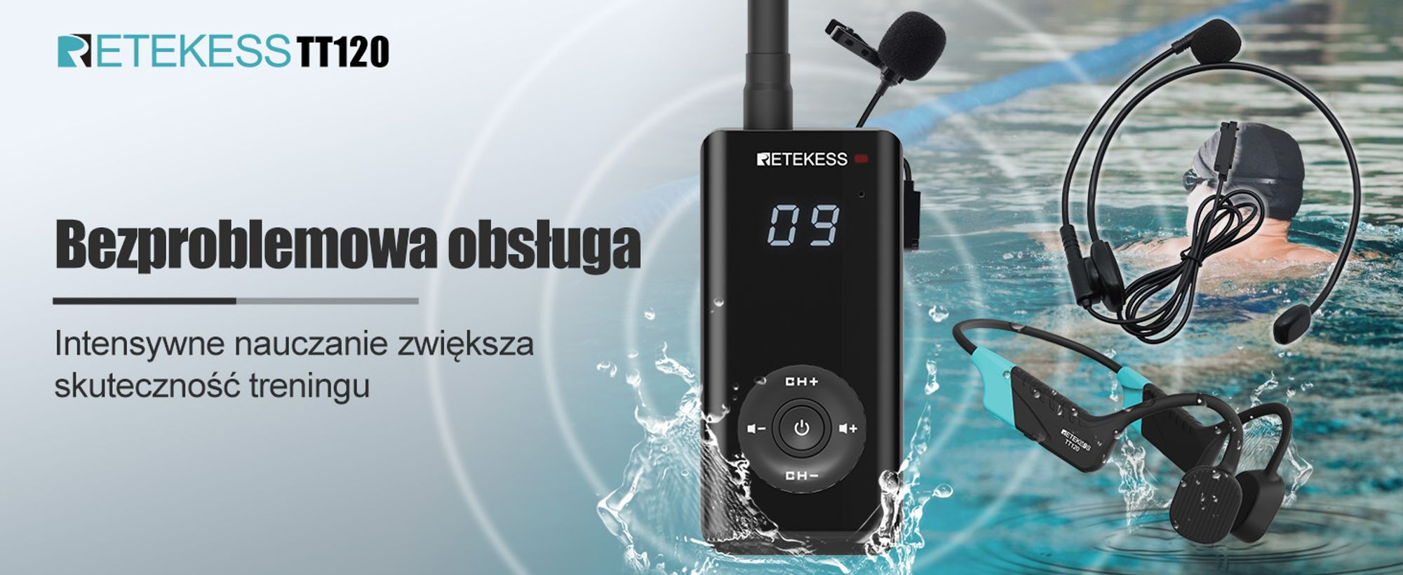 Retekess TT120 system komunikacji do treningu pływackiego Nadajnik trenera i odbiornik ucznia do pływania
