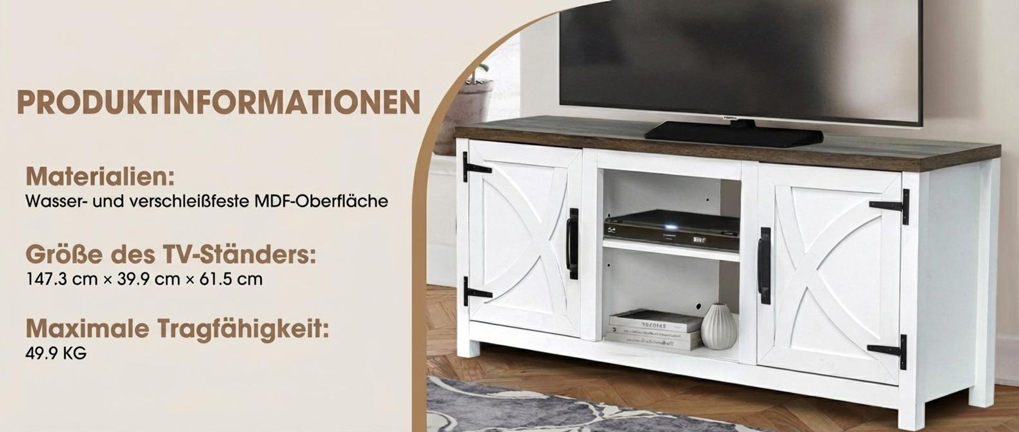 Parrot Uncle TV-Schrank für Fernseher bis 65 Zoll, MDF, Weiß , mit 2 offenen Fächern und 2 Tür, 147 x 41 x 62 cm, 54 kg Tragkraft