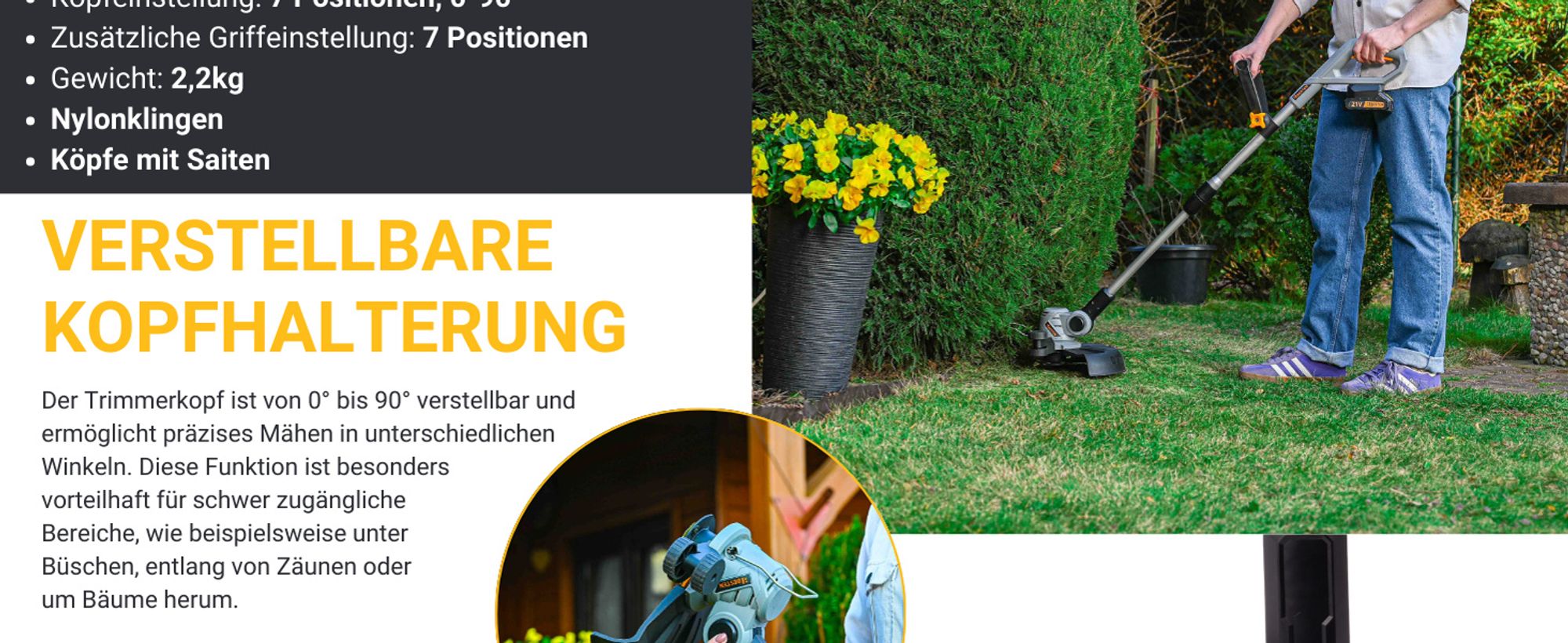 BESTEN Akku-Trimmer, Rasentrimmer, elektrischer Freischneider, 2x 2000mAh Akku, Set mit Nylonfäden und Klingen