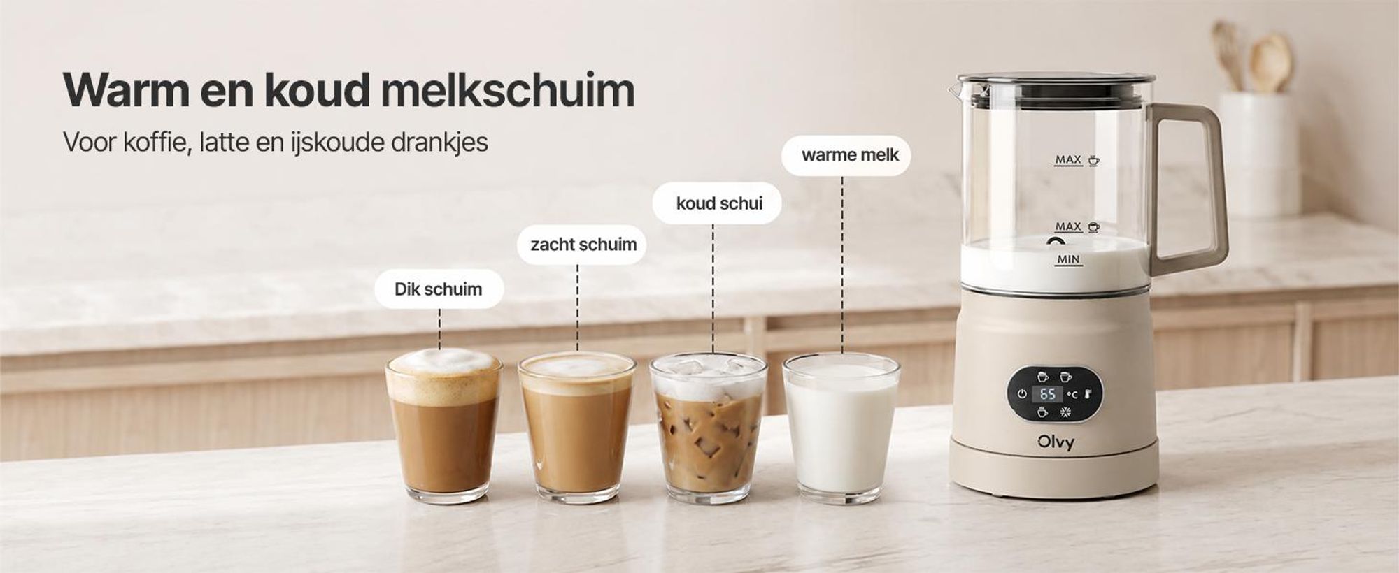 Olvy Elektrische melkschuimer van glas, 4-in-1, 500W, met temperatuurindicator, 160 ml melkschuim, 400 ml verwarmde melk, voor warme en koude melkschuim, beige