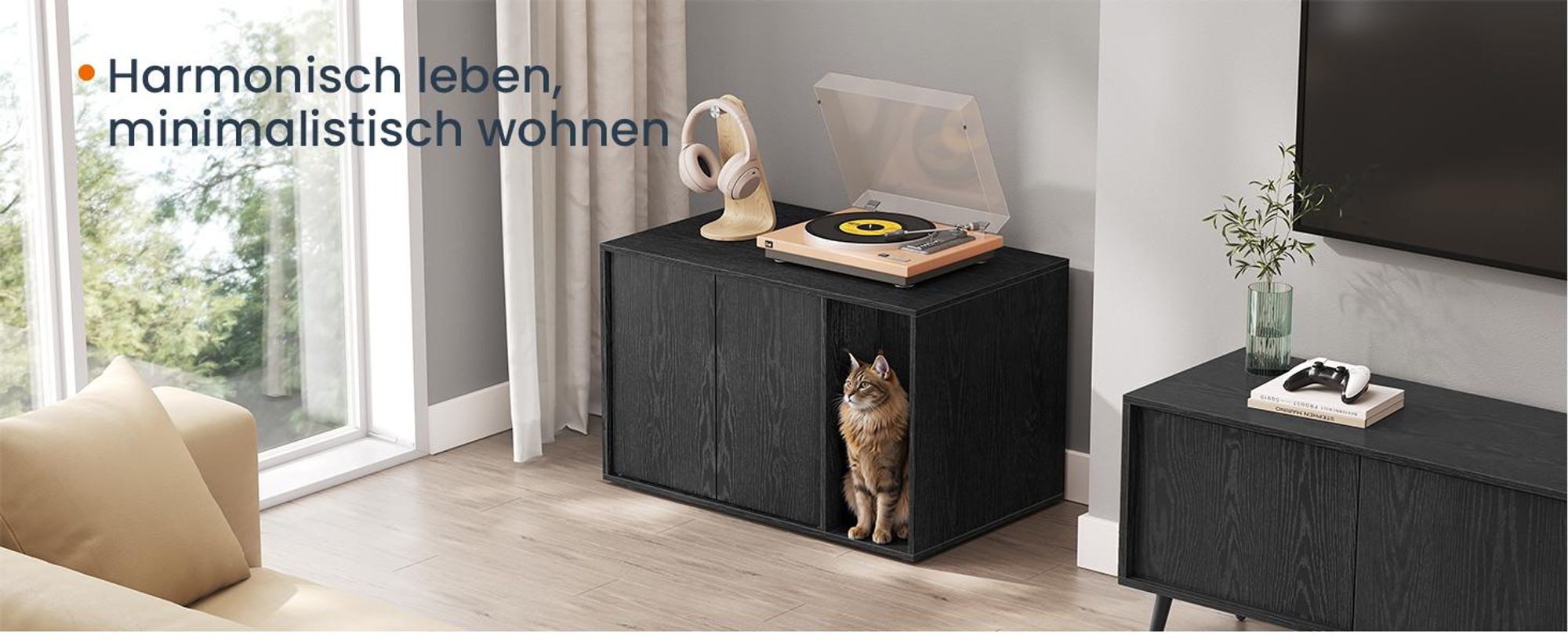 SONGMICS HOME Katzentoilette Push-to-Open Türen, werkzeuglose Montage, für große Katzen, Katzenklo-Schrank Ebenholzschwarz