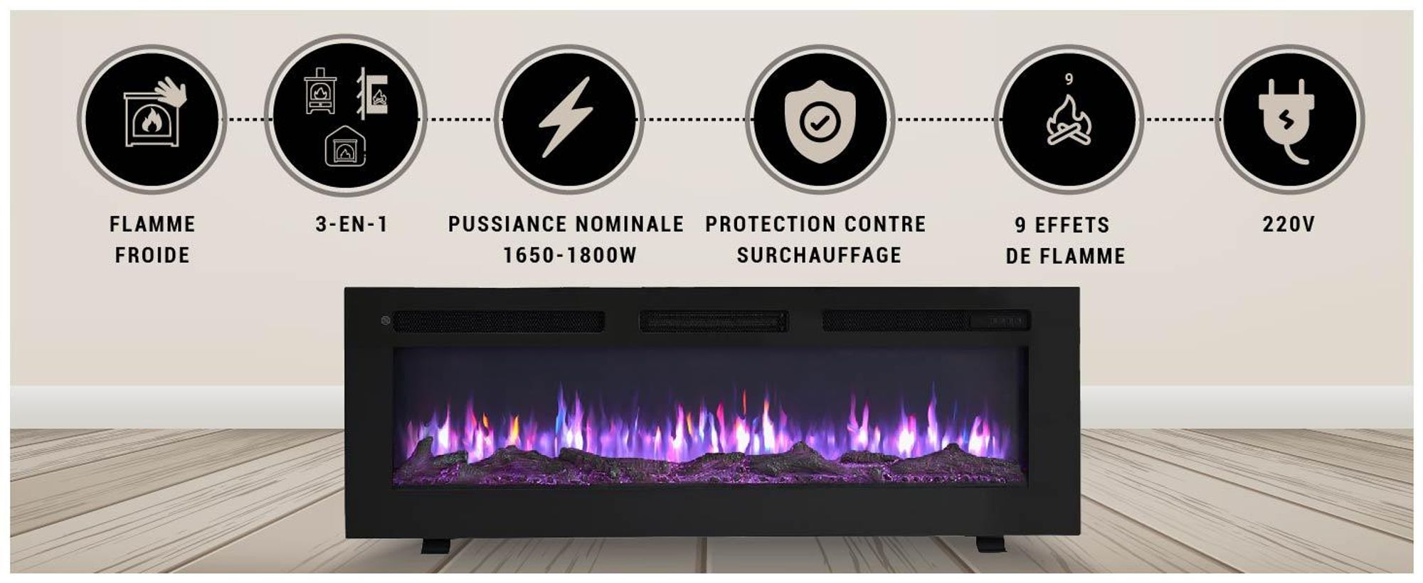 Cheminée électrique encastrable BALDERIA Leif 50 – Puissance de chauffage jusqu'à 1 800 W, noire