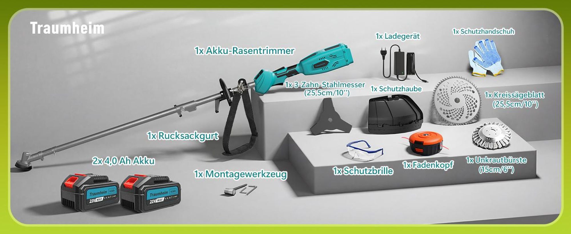 950W Akku Rasentrimmer mit 2×4000mAh 21V Akkus, 10 Zoll Schnittbreite, Bürstenloser Motor Freischneider mit Unkrautbürste & 4 in 1 Messern + Ladegerät