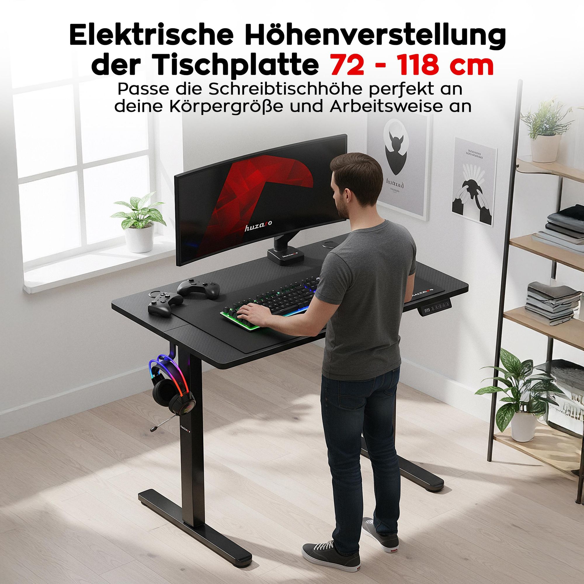 Huzaro Hero 7.9 | Höhenverstellbarer Schreibtisch Stehschreibtisch | 100x60cm | Stufenlos Verstellbar Metallkonstruktion Kabeldurchführung | Schwarz