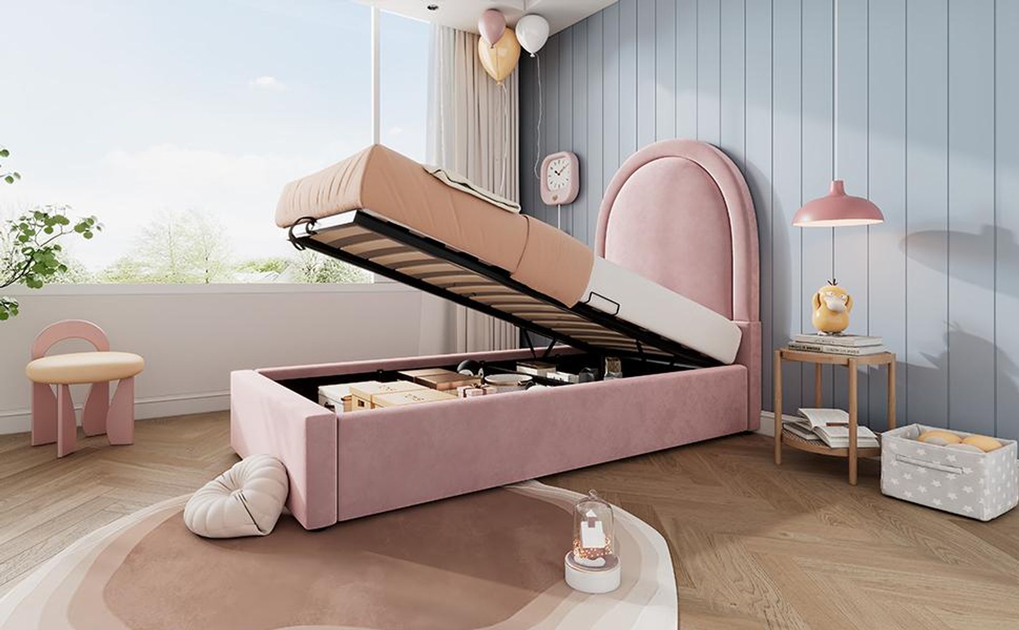 STILVORA 90x190 Polsterbett mit Lattenrost und Stauraum,Kinderbett mit Kopfteil für Jungen und Kinder,Einzelbett Samt,Rosa(Ohne Matratze)