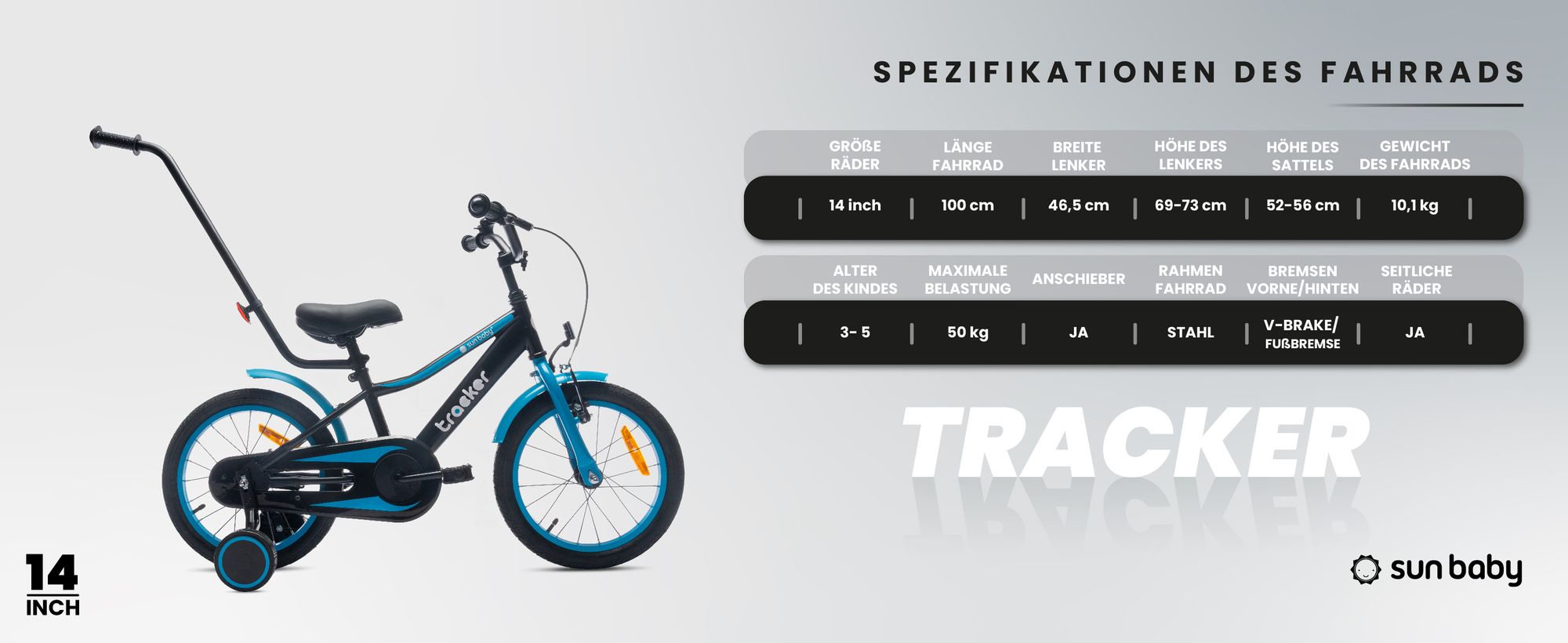 Sun Baby Tracker Bike Kinderfahrrad Jungen Fahrrad Stützräder Schubstange 14 Zoll neon blau