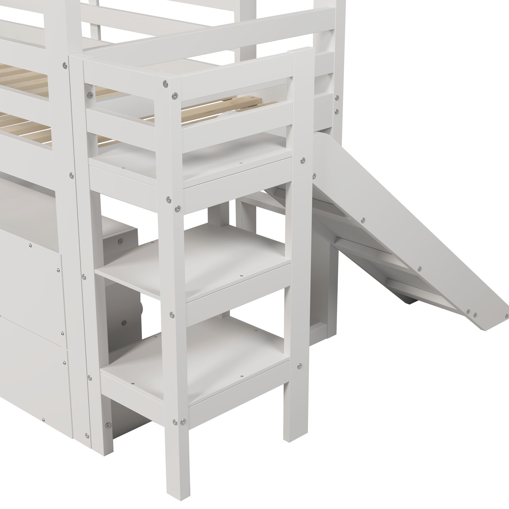 Flieks Etagenbett 90x200cm mit Schrank, Kinderbett Hausbett mit Rutsche, Hochbett Stockbett mit Rausfallschutz & Lattenrost, Holzbett Einzelbett, Weiß