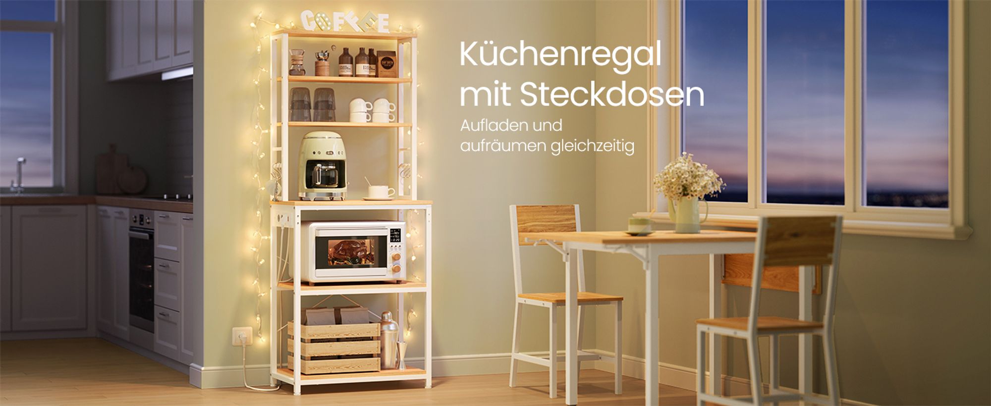VASAGLE Küchenregal mit Steckdosen, Standregal für Küche, Mikrowellen-Regal, stehend, 6 Regalebenen und 6 Haken, 40 x 60 x 167 cm