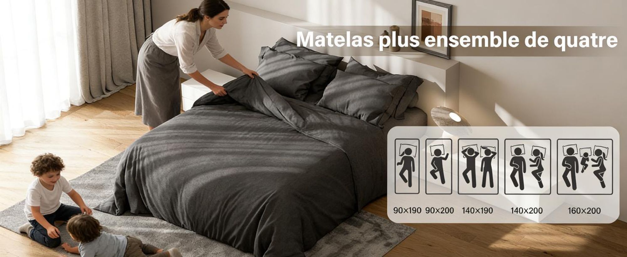 DEWINNER Housse de Matelas et Matelas 160 x 190, 2 Personnes,épaisseur 22cm+Parure de lit+Housse Couette+Housse d'oreiller