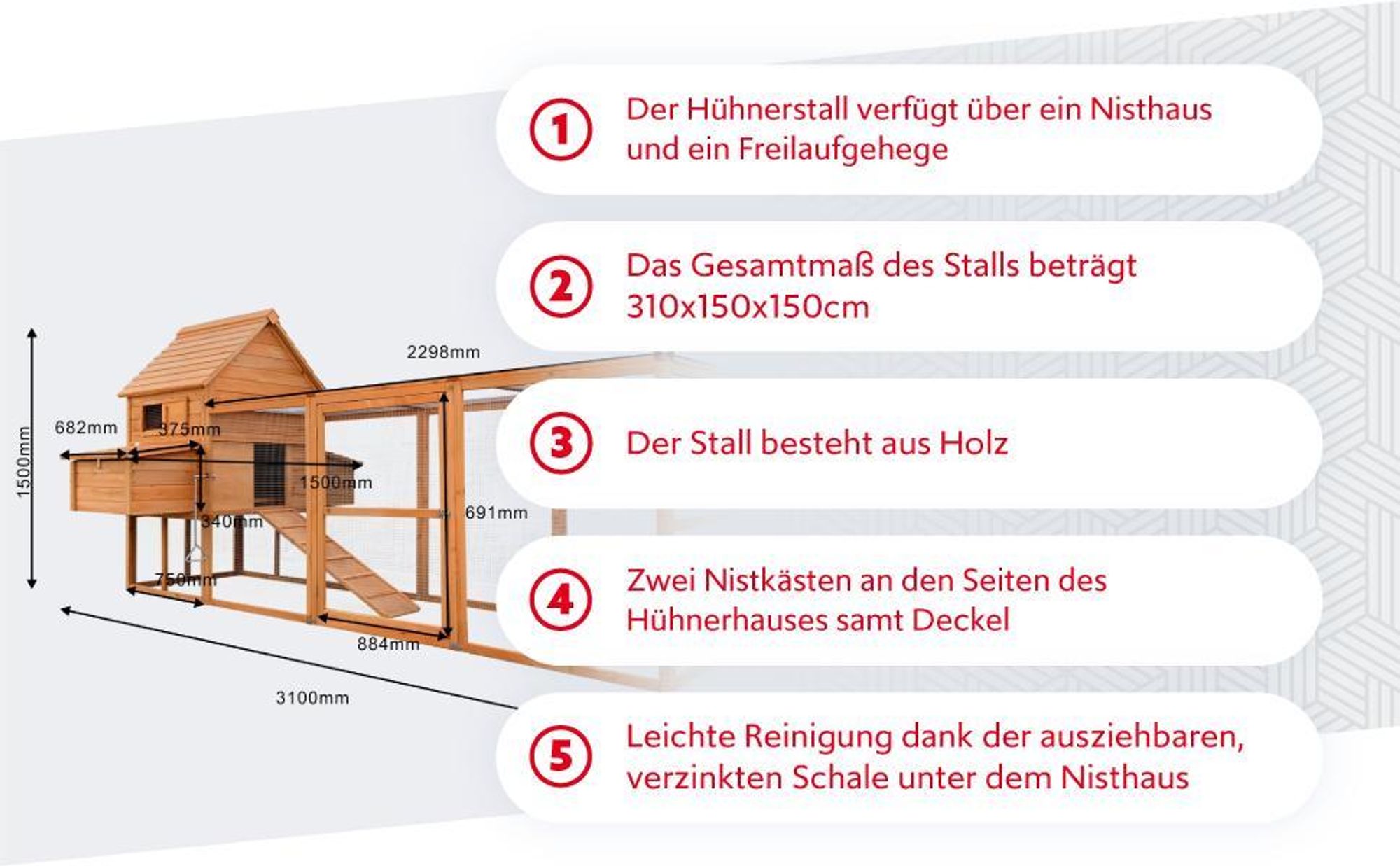 Wiltec Hühnerstall 3100 x 1500 x 1500 mm grau weiß mit Freilauf und Nistkästen aus Holz, Hühnerhaus mit Unterschlupf, Gitter und Kotwanne verzinkt