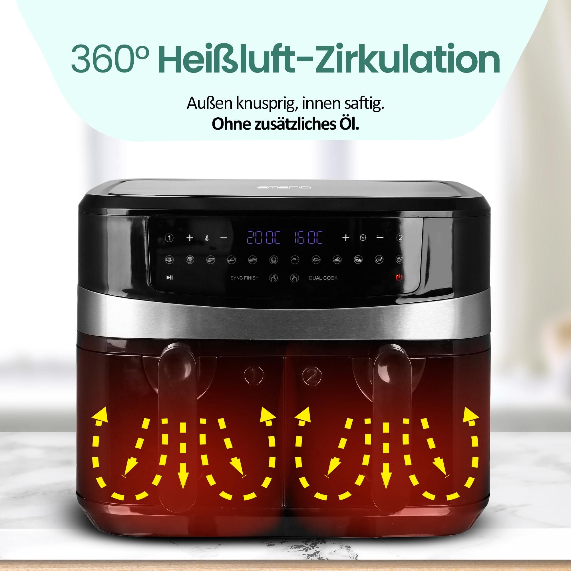 Emerio Doppelte XXL-Heißluftfritteuse 2400 W – 10 Liter – Einstellbares Thermostat 50–200 °C – 9 Kochprogramme – AF-126672.4 Schwarz