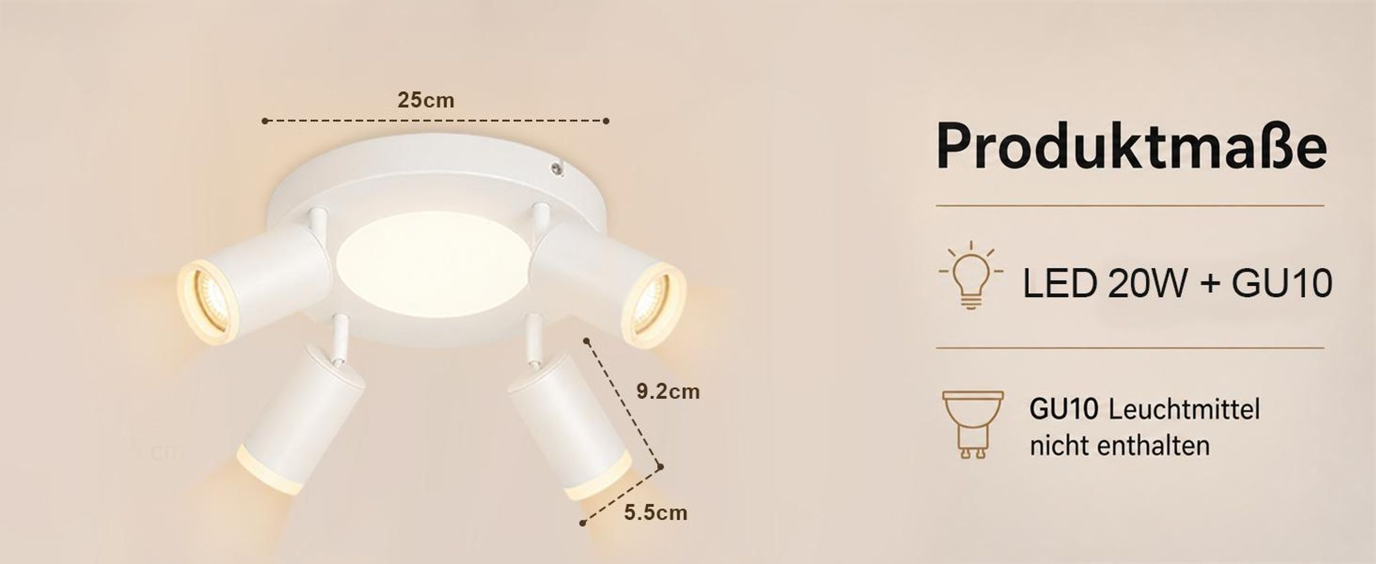 ZMH Led soffitto 4 fiamme soffitto spot GU10 camera da letto lampada 3000k bianco cucina lampada 20W soffitto faretto orientabile per soggiorno cucina camera da letto