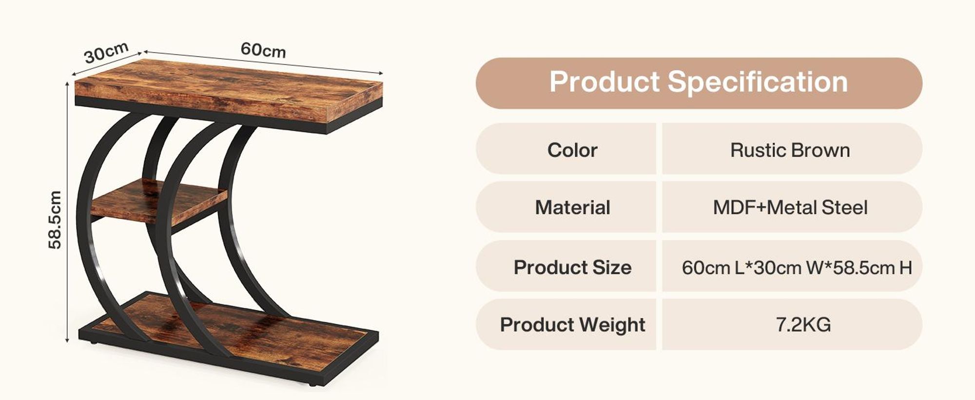 60 cm 3-stöckiger Beistelltisch, C-Form Industriedesign Seitentisch, Couchtisch mit Stauraum, Nachttisch in Naturholz