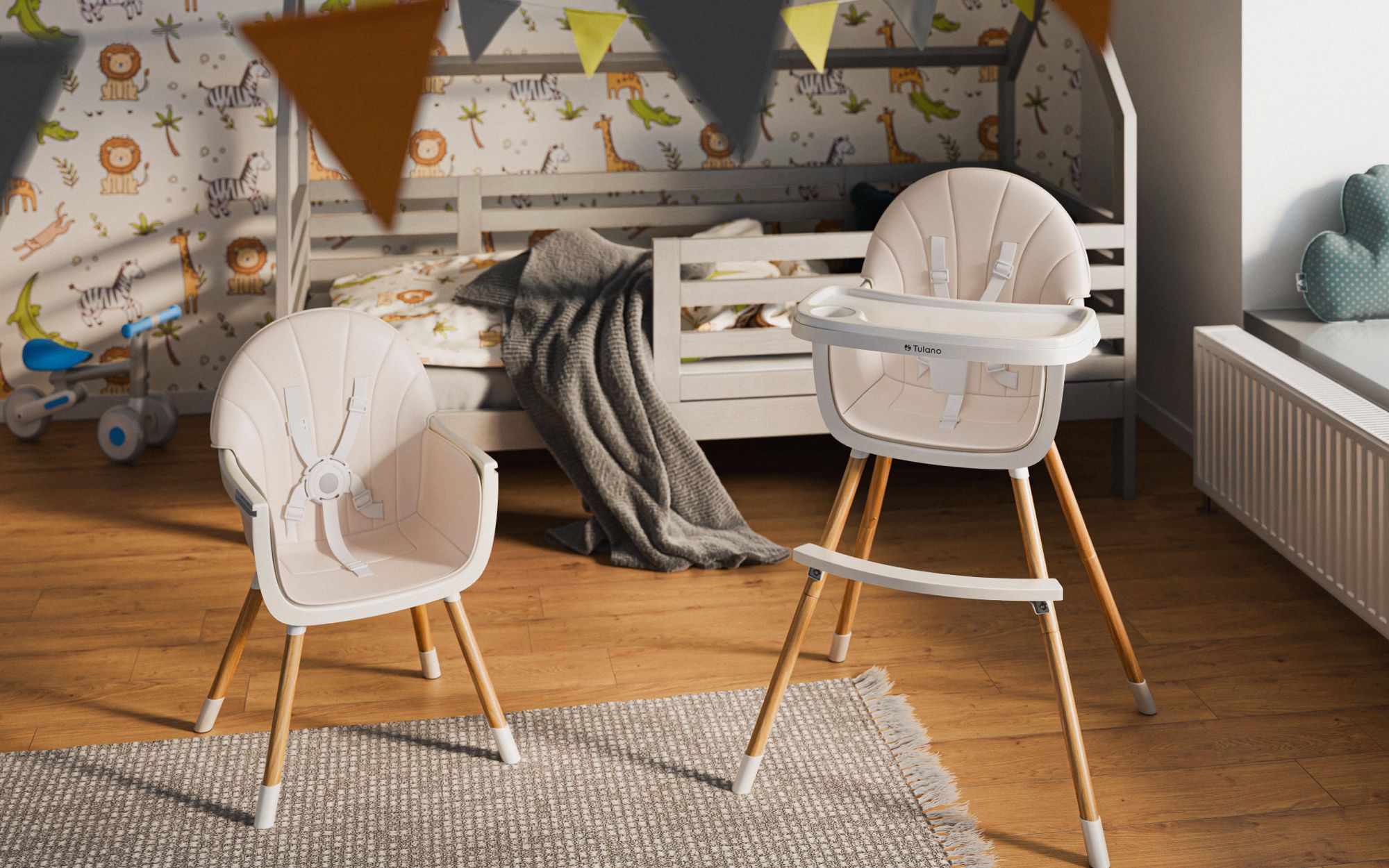 TULANO Morsel Beige | Kinderhochstuhl 2 in 1 Hochstuhl Babystuhl | Abnehmbare Tablett | 5-Punkt-Gurt | Fußstütze | ab 6 Monate bis 6 Jahre