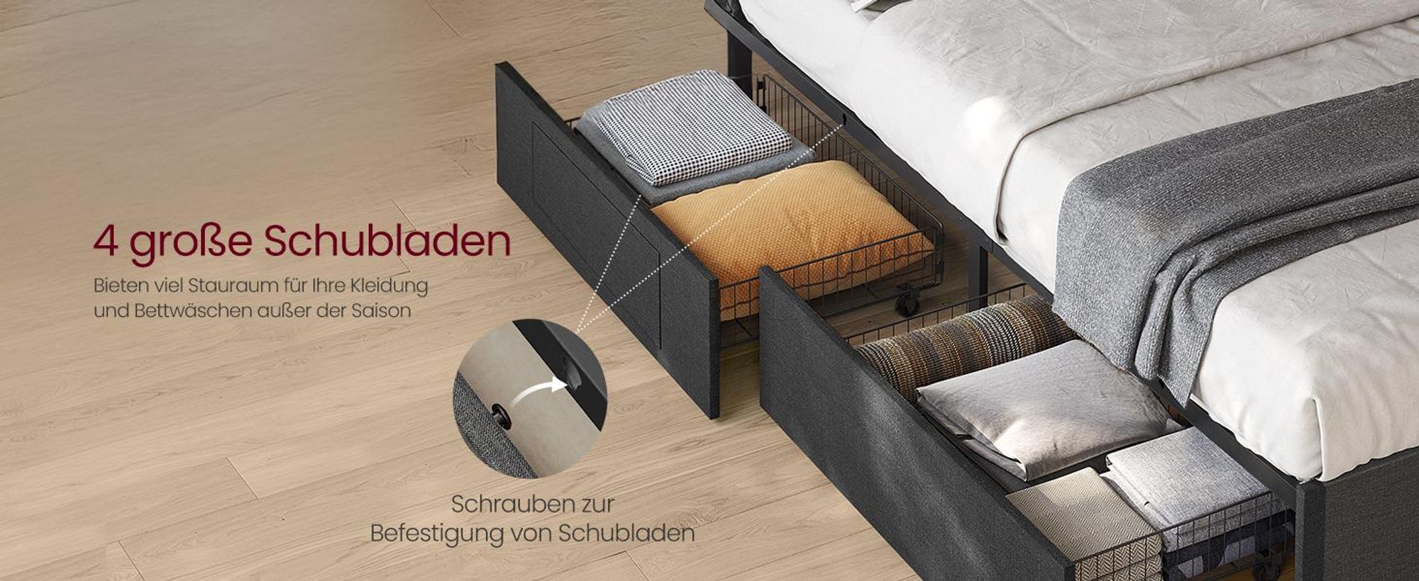 VASAGLE Doppelbettgestell, Bettgestell, 180 x 200 cm, LED, Metallbett, 4 Schubladen, Ladestation, verstellbares gepolstertes Kopfteil, Schiefergrau