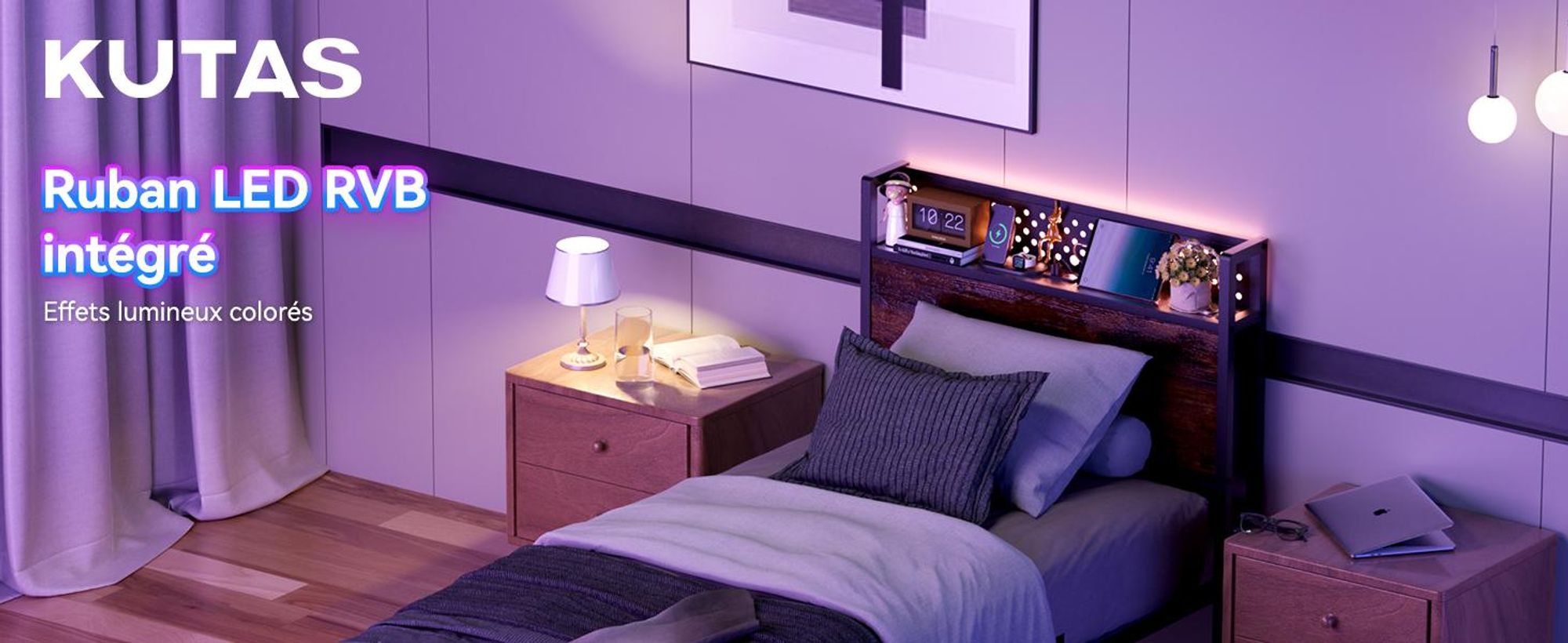 Lit 90 x 200 cm, sommier avec tête de lit à rangement et éclairage LED, 3 ports USB et 1 port Type-C, 14 rangées de lattes métalliques, espace de rangement sous le lit, marron