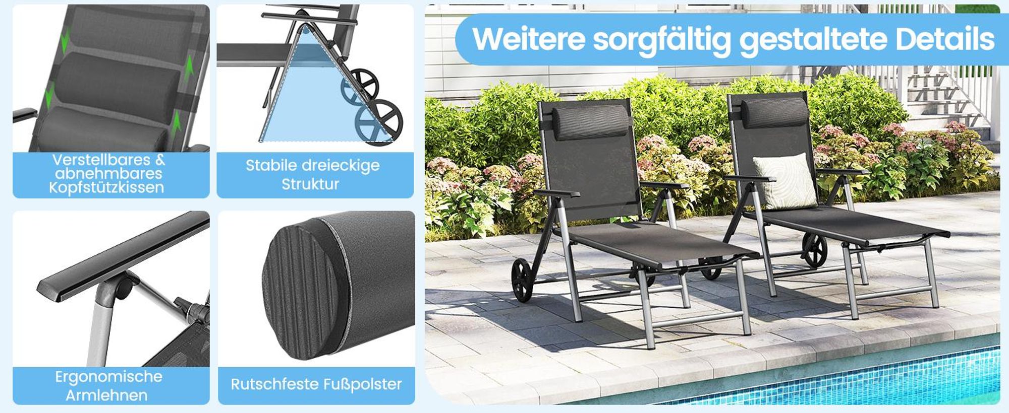 COSTWAY Liegestuhl aus Aluminium mit Rollen, klappbarer Sonnenliege mit 7-Fach Verstellbarer Rückenlehne und Abnehmbarer Kopfkissen, Klappliege Gartenliege mit schnell trocknendem Stoff