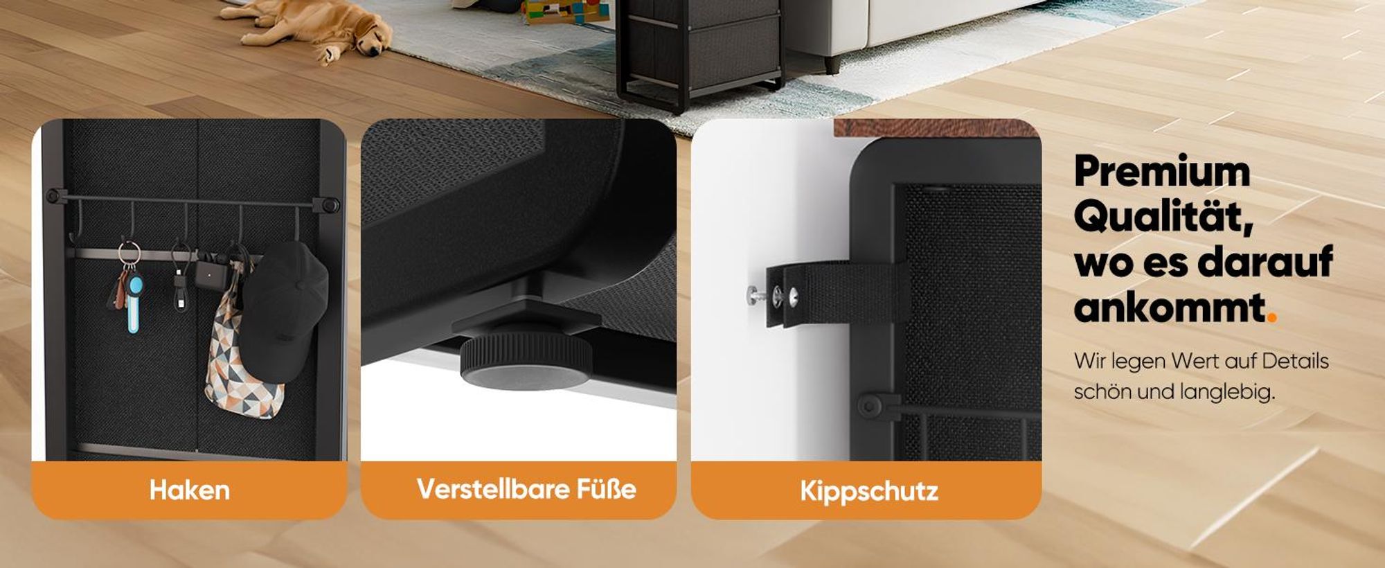 HOKEEPER Kommode, Sideboard mit 4 Stoffschubladen, Schmaler Aufbewahrungs Schrank aus Metall & Holz - Stabile, Chest of Drawers für Wohnzimmer