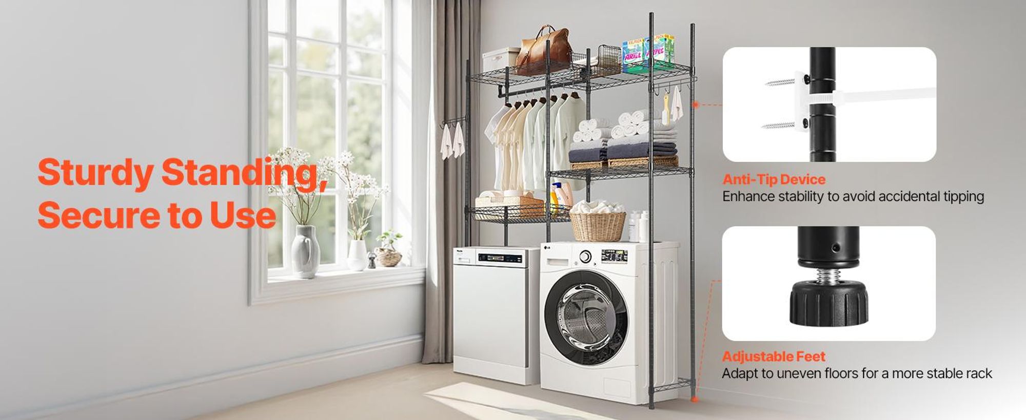 VEVOR Über Waschmaschine und Trockner Regale, 6-stufiges Wäscheraum Trockenregal mit Hängestange und Haken, zwei Reihen verstellbare Waschmaschinenregale Platzsparer, für Wäscheraum Lagerung & Organisation, Schwarz, Schwarz-b, 2 Reihen 4 Ebenen