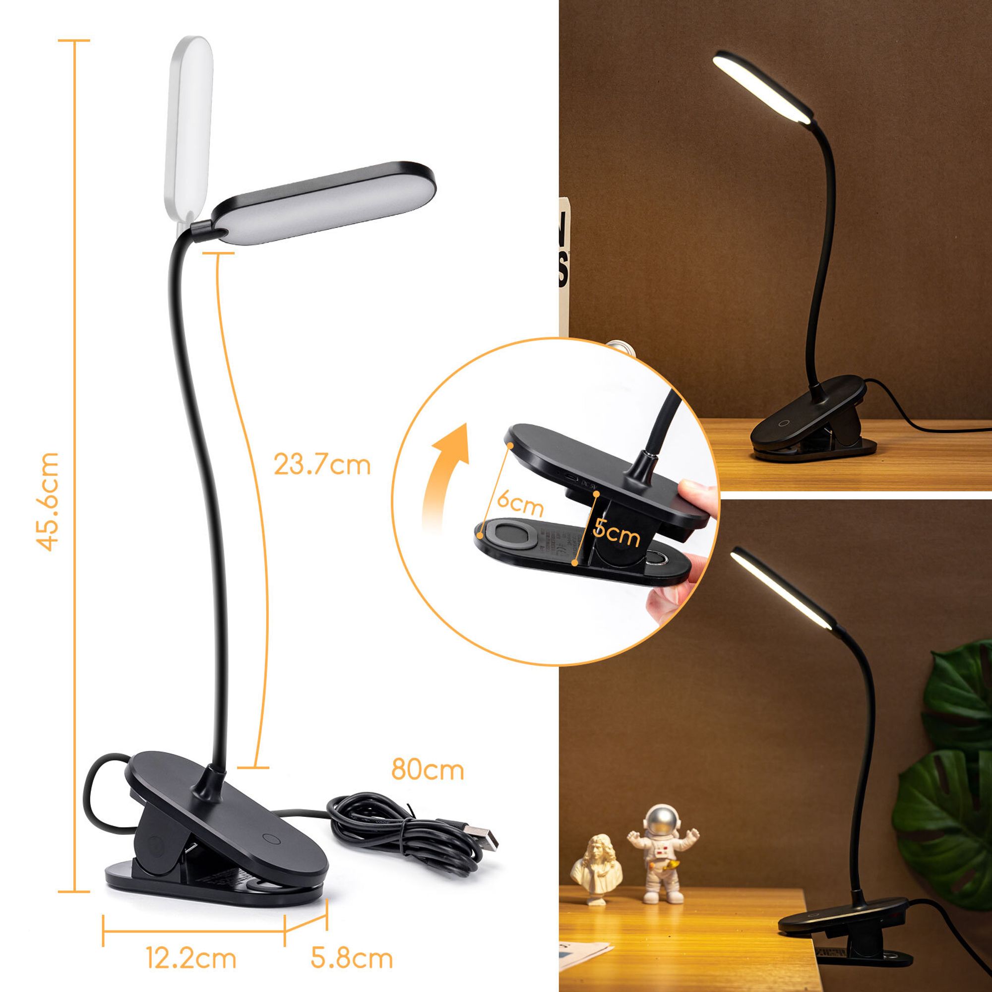 Aigostar LED Leselampe Bett,Touch-Dimmen Klemmlampe mit 360° Verstellbarem Flexiblem Arm,Schreibtischlampe mit 3 Helligkeitsmodi,4000K,USB-Ladekabel