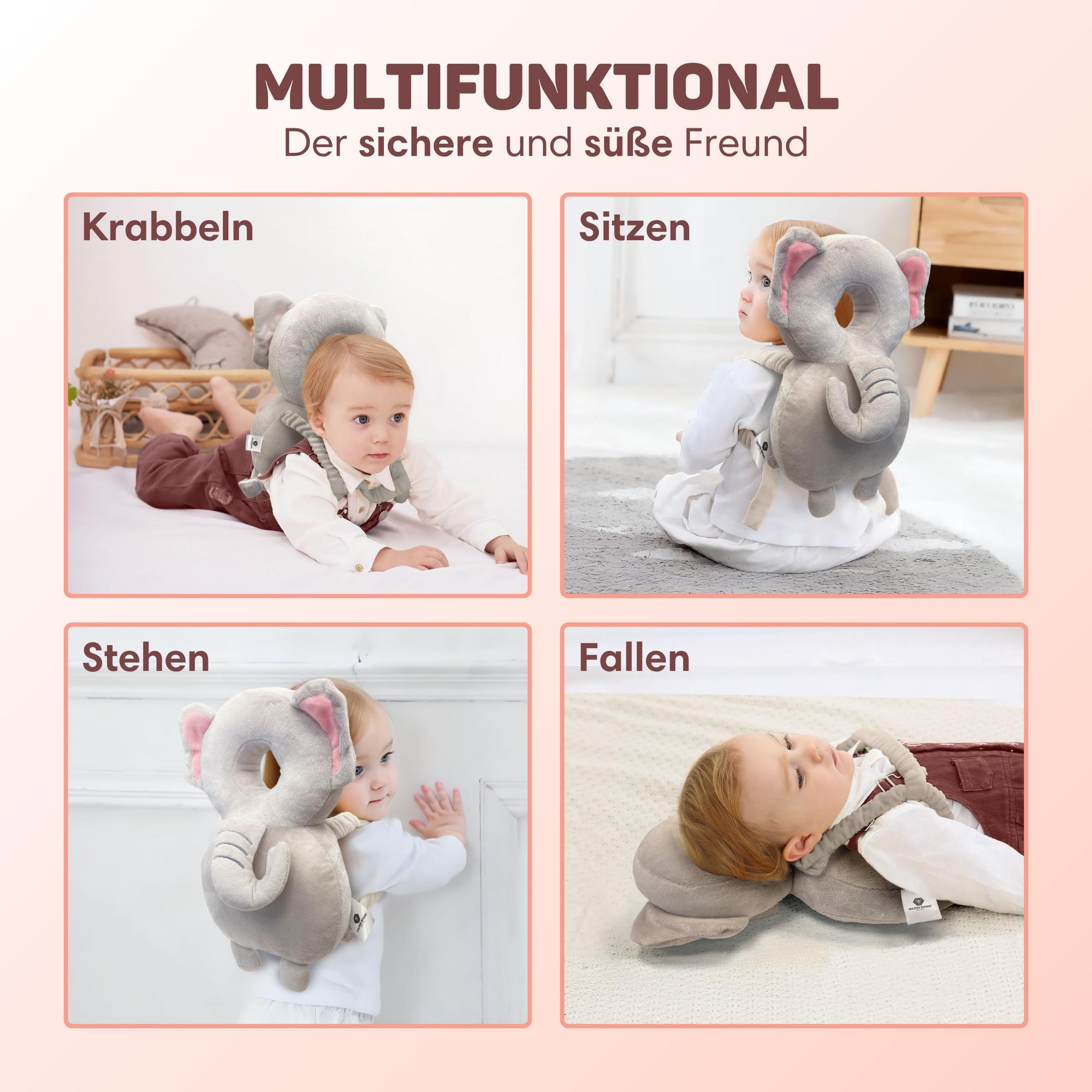 Vulpes Goods Baby Kopfschutz, Fallschutz-Rucksack für Kinder, 3D Elefantenform, Kopf-Rückenprotektor Kleinkinder, sicher Krabbeln & Gehen lernen