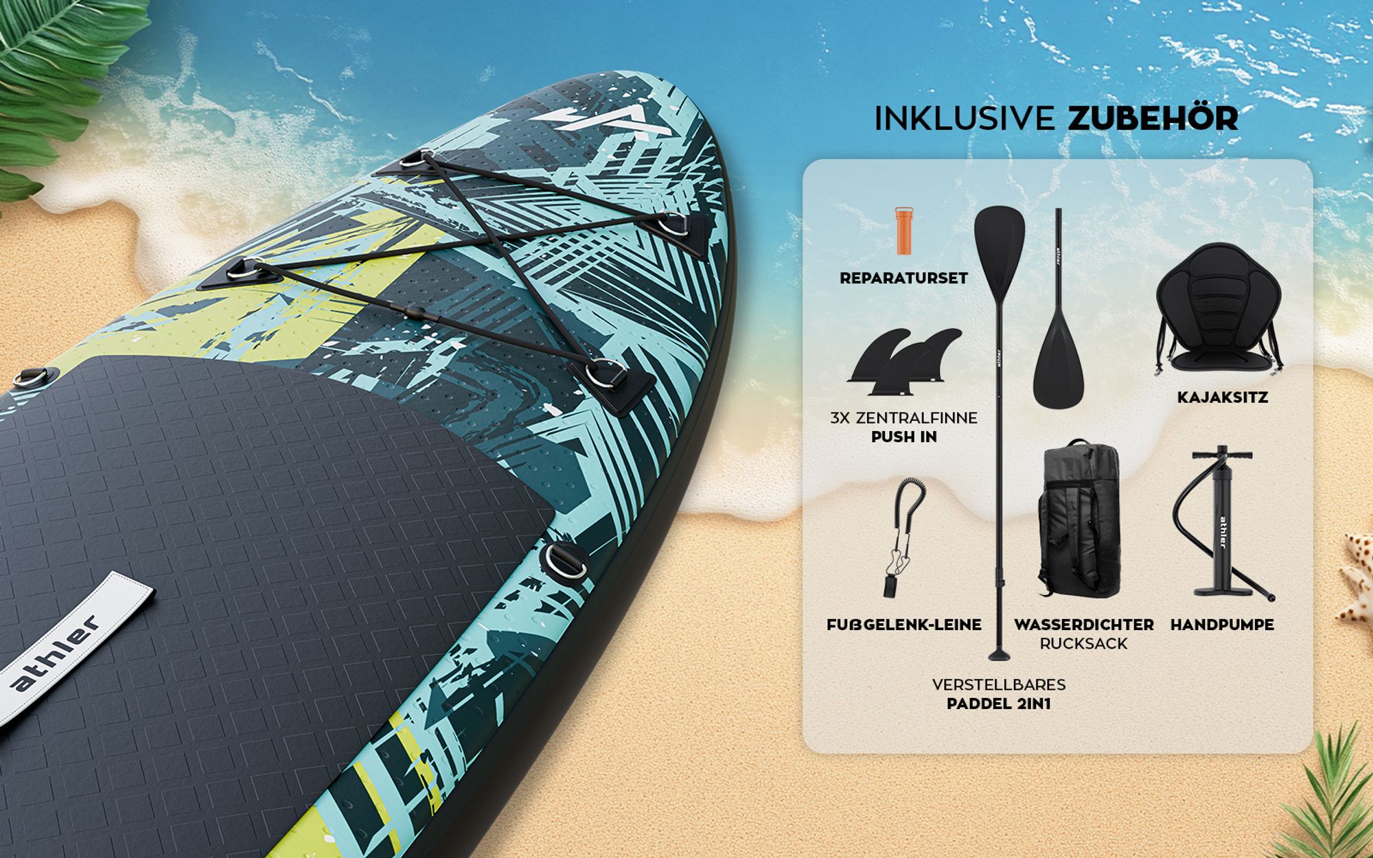 ATHLER Splash 50 Green | SUP Boards für junge Leute Stand Up Paddle Set Paddling Board | Kajaksitz Aluminium-Paddel Finnen Sicherheitsleine Luftpumpe