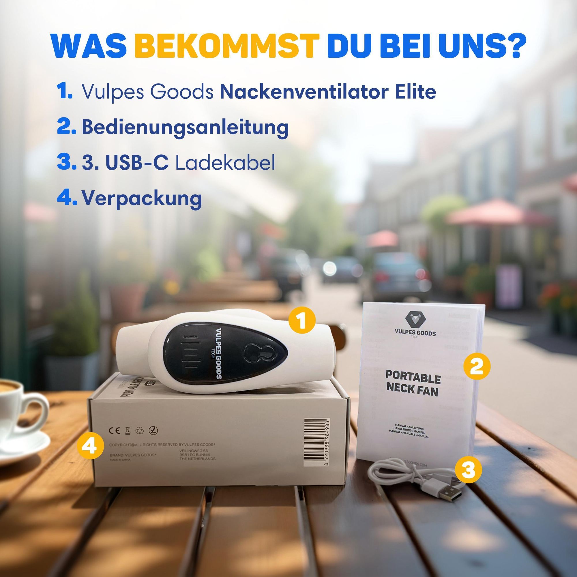 Vulpes Goods Nackenventilator Elite mit Kühlelement – Wiederaufladbar & Geräuschlos – Tragbarer Gesichtsventilator – 3 Stufen mit Extra Kühlung