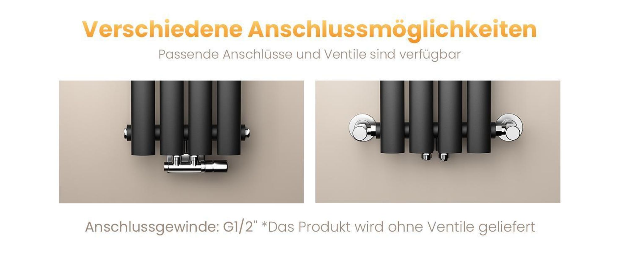 EMKE Design-Röhrenheizkörper für Warmwasserbetrieb Mittelanschluss Vertikal Oval Doppellagig 678 Watt 24 cm x 180 cm Anthrazit ohne Heizstab
