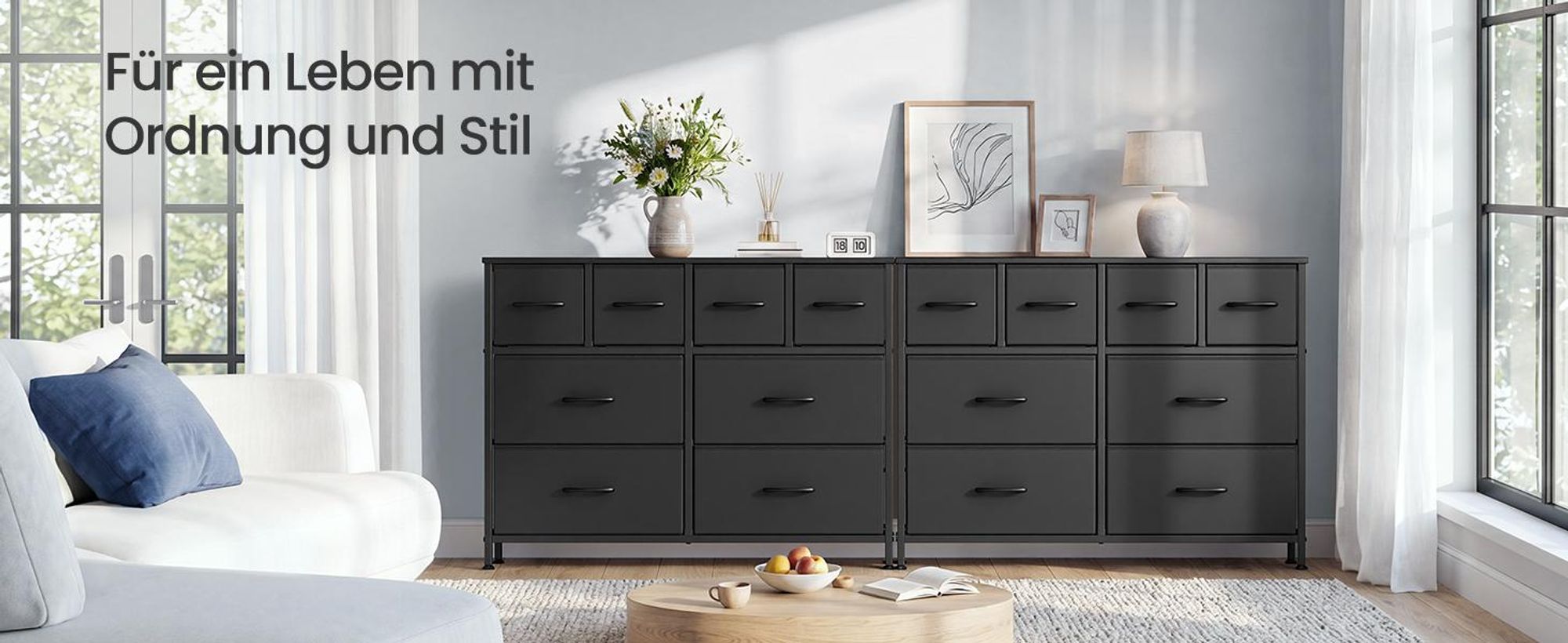 SONGMICS Kommode mit 8 Stoffschubladen, Aufbewahrungsschrank mit Metallrahmen, 98,7 x 30 x 74,7 cm, Schwarz