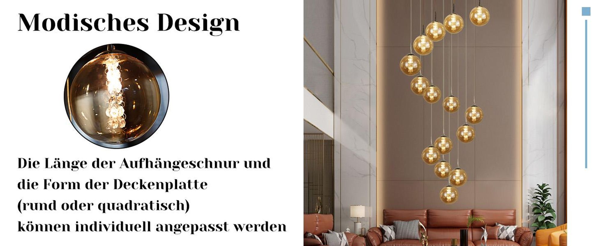 ZMH Pendelleuchte esstisch 15 Flammig Bernstein Pendellampe Höheverstellbar Kronleuchter Hängeleuchte Glas für Wohnzimmer Schlafzimmer Küche Flur