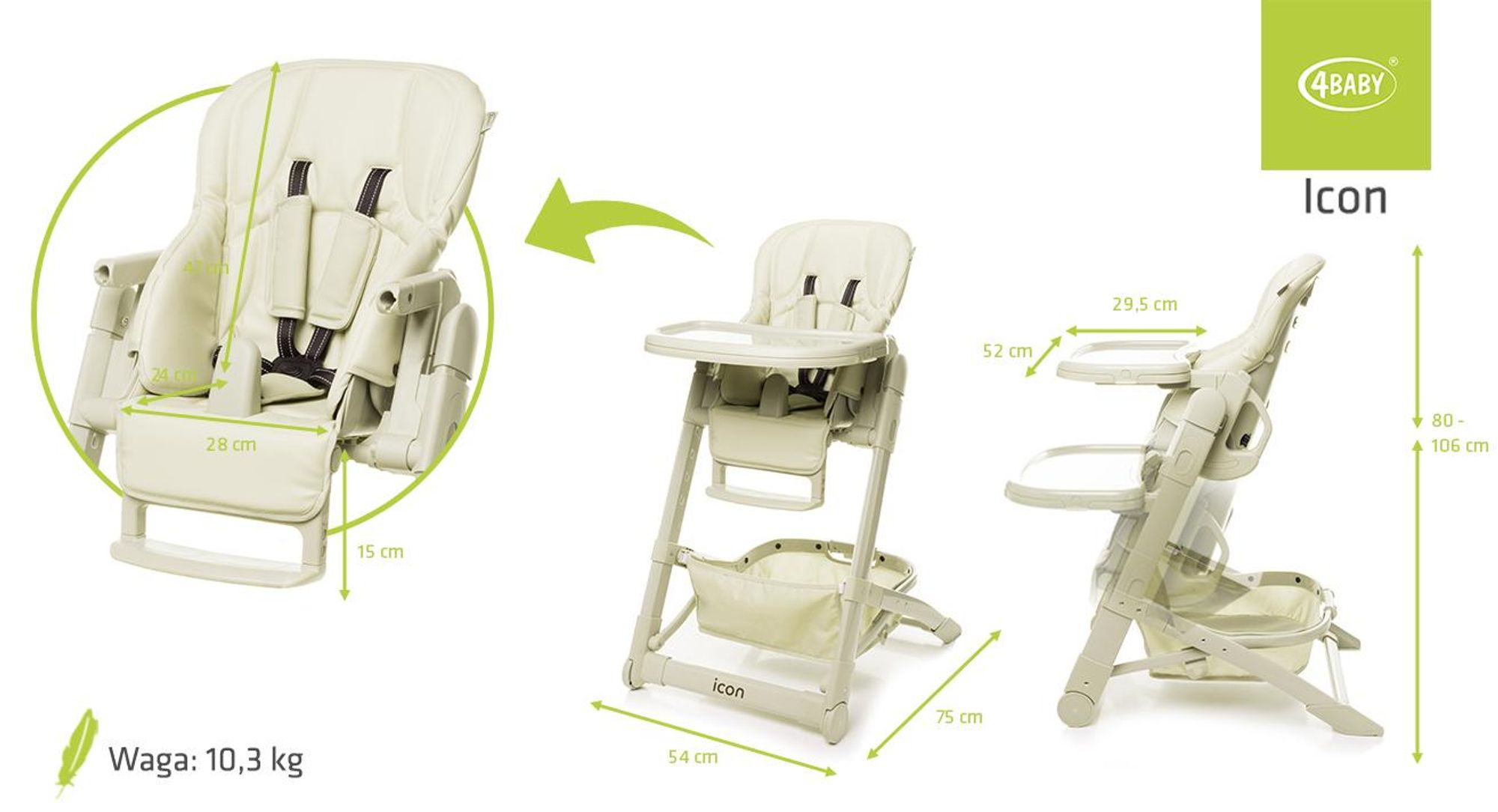 4Baby | Hochstuhl - Kinderhochstuhl - Babystuhl, 0–3 Jahre, verstellbar, mit Liegefunktion, Rollen, Tablett & Kunstlederpolsterung, bis 15 kg - ICON