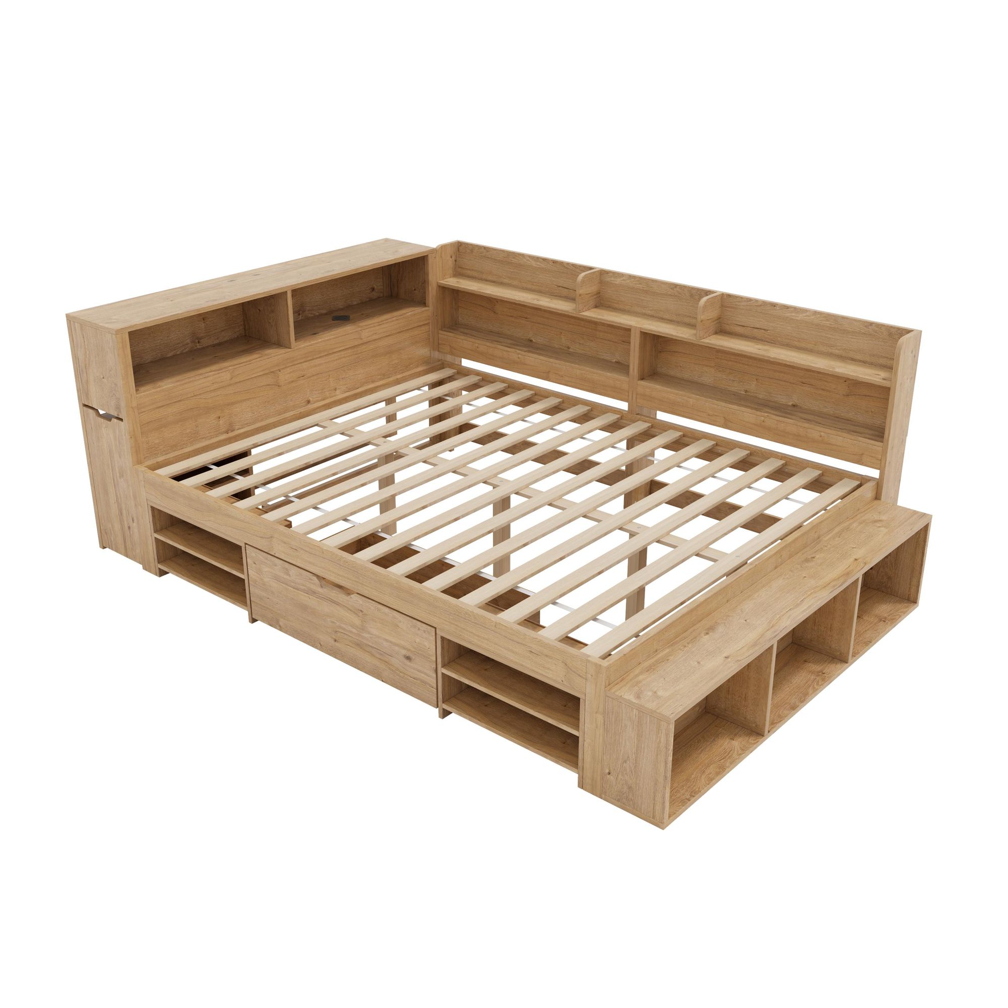 Flieks Jugendbett 140x200cm mit Ladefunktion, Kinderbett Tagesbett Doppelbettmit Schublade,  Ausziehbarem Nachttisch und Regal, Klassisches Bett