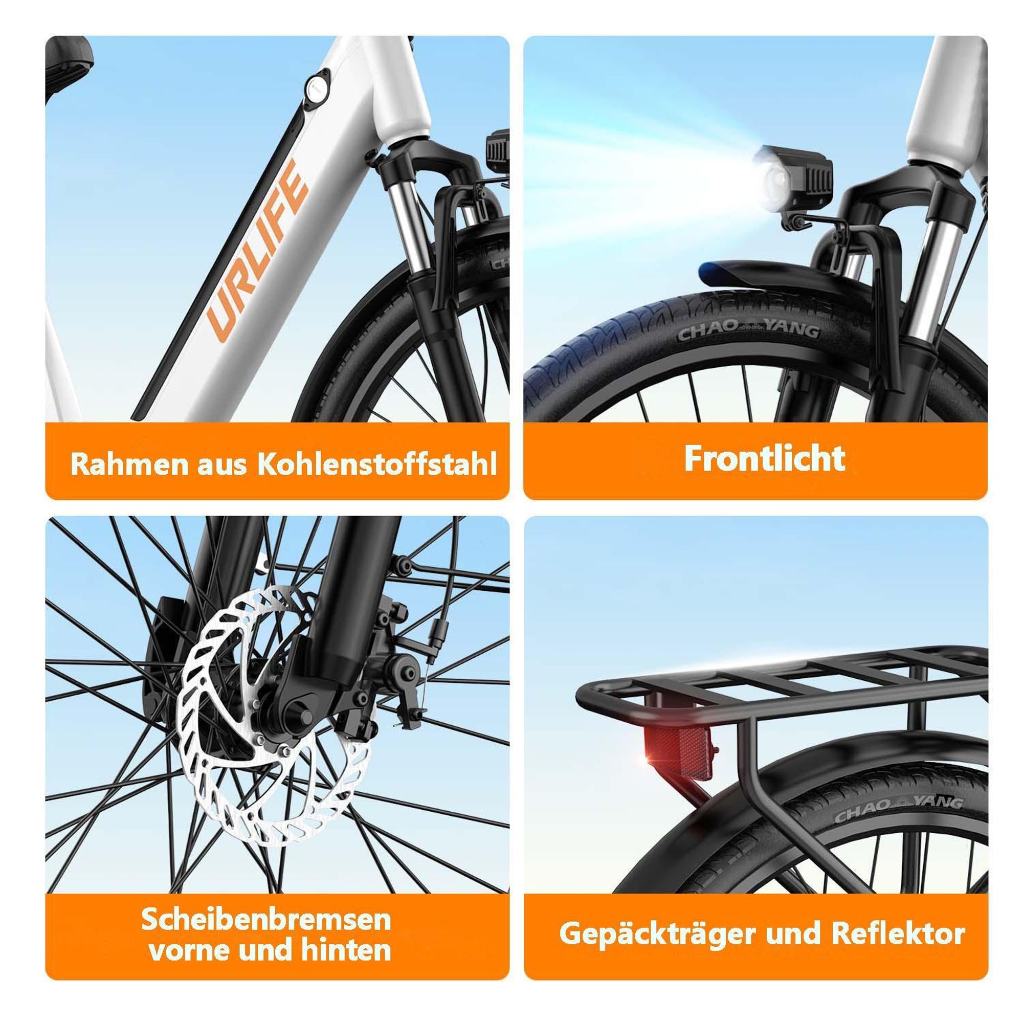 Elektrisches Bike URLIFE E26- 250W Motor 48V10.4Ah Akku 26 Zoll Reifen Scheibenbremsen - Weiß