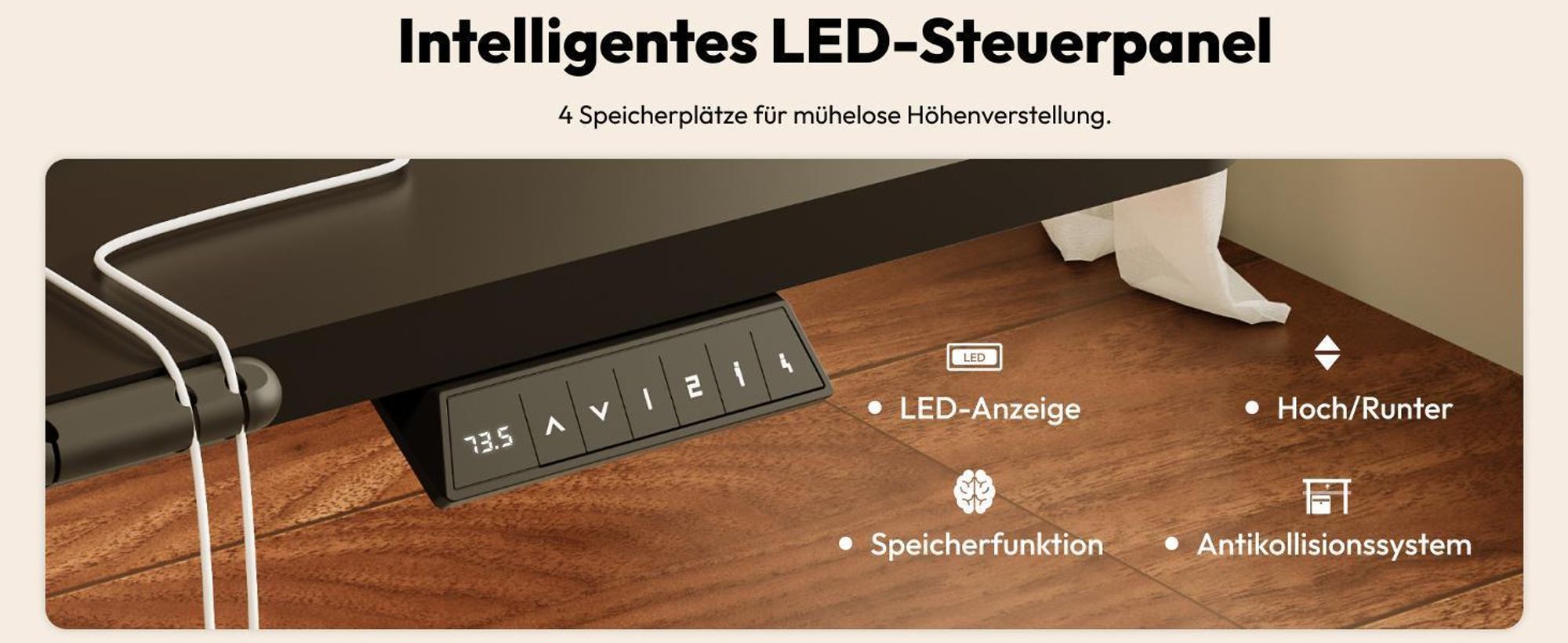 SANODESK QS1 Höhenverstellbarer Schreibtisch 200x80cm elektrisch 4 Memory-Funktion Antikollisionsschutz 70 kg Tragkraft Haken Kabelmanagement(Schwarz)