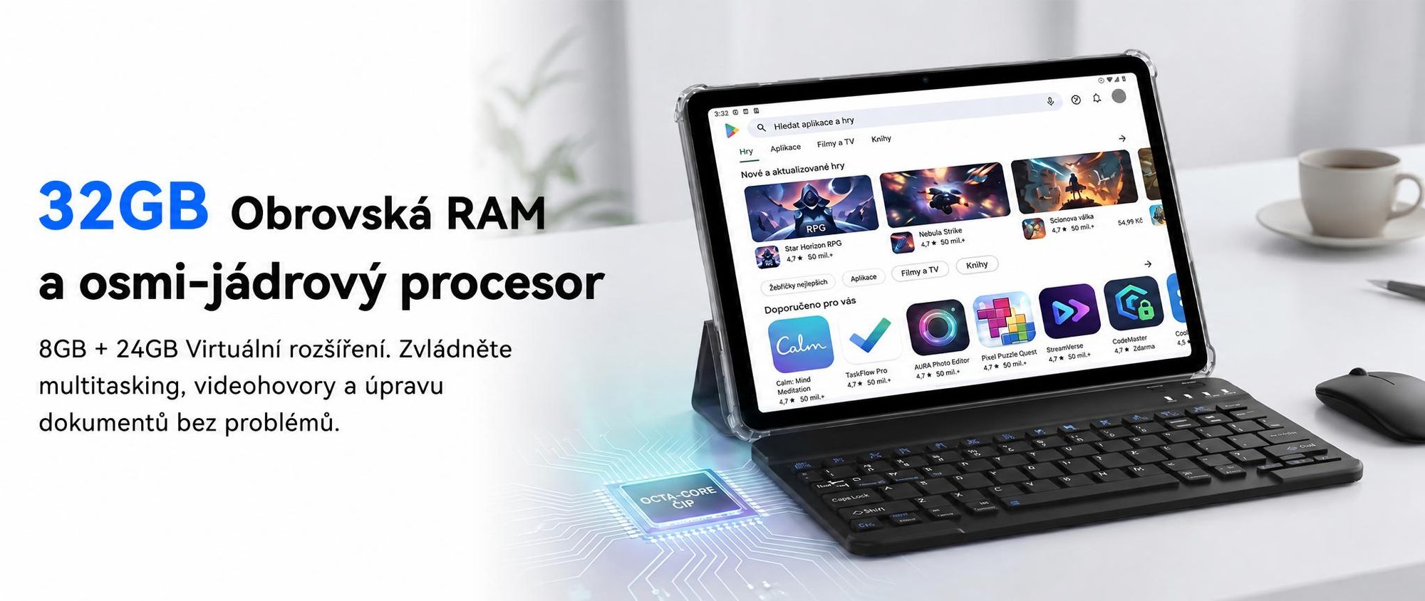 TABWEE T70, 11palcový tablet, 32 (8+24) GB RAM + 256 GB úložiště, Android 16, baterie 8000 mAh, Bluetooth 5.0, rozpoznávání obličeje, podpora Widevine L1, Rheinland. Součástí balení je klávesnice, myš a stylus