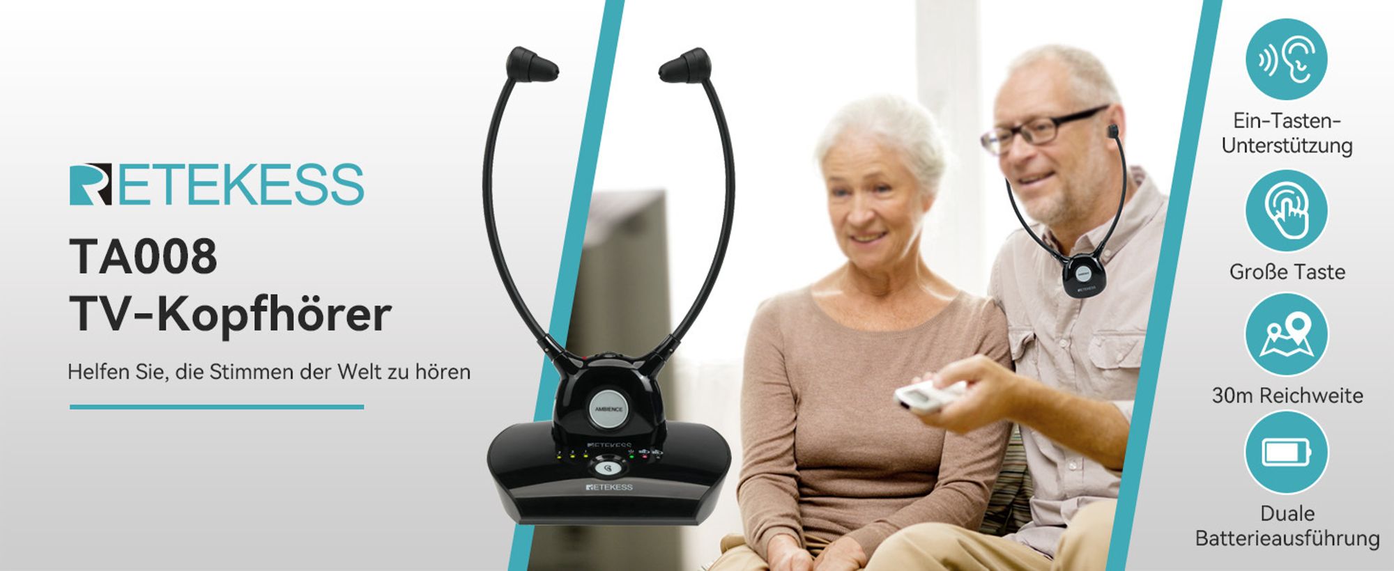 Retekess TA008 Kabellose Kopfhörer für Fernseher, Kopfhörer Tv, 2.4G Low Latancy, Ein Schlüssel-Hörverstärker, Einstellbare Dämpfung, Duale Batterie -