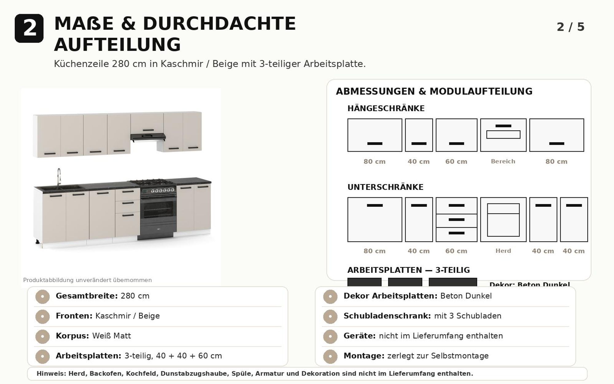 Maße und Abmessungen der ULWEHOME Küchenzeile 280 cm Kaschmir Beige