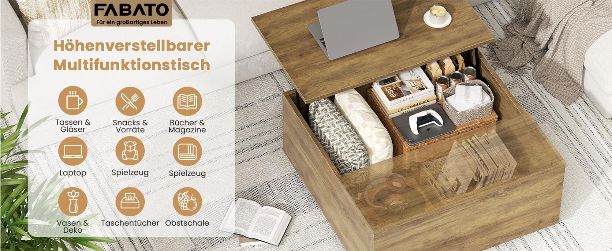 FABATO Couchtisch mit hochklappbarer Platte, quadratischer Couchtisch aus Holz mit Stauraum, Couchtische im Landhausstil mit verstecktem Staufach