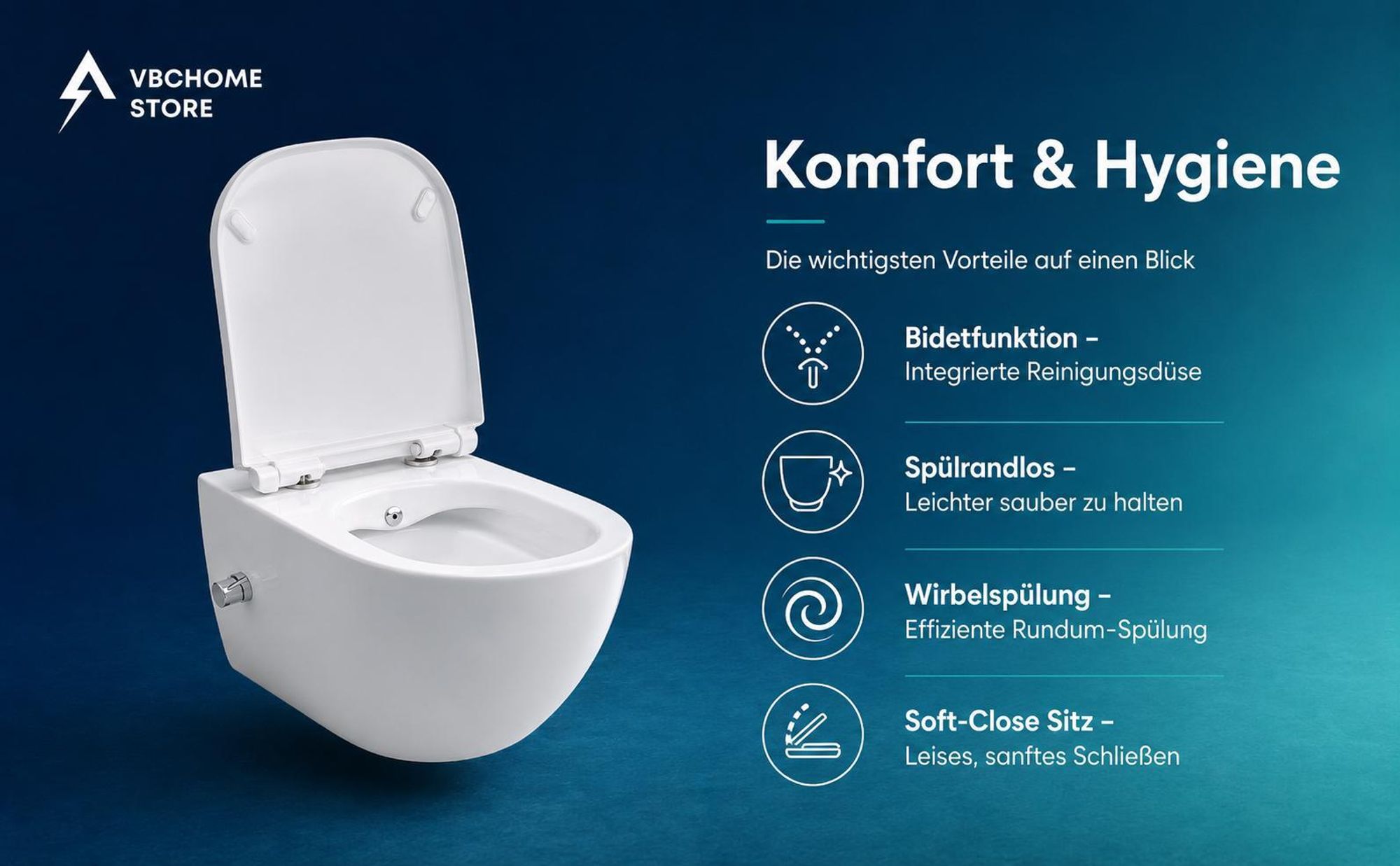 VBChome Hänge-WC mit Bidetfunktion Spülrandloses Weiß Keramiktoilette mit Wirbelspülung WC-Sitz Absenkautomatik Rimless SoftClose-Funktion 36×50×37 cm