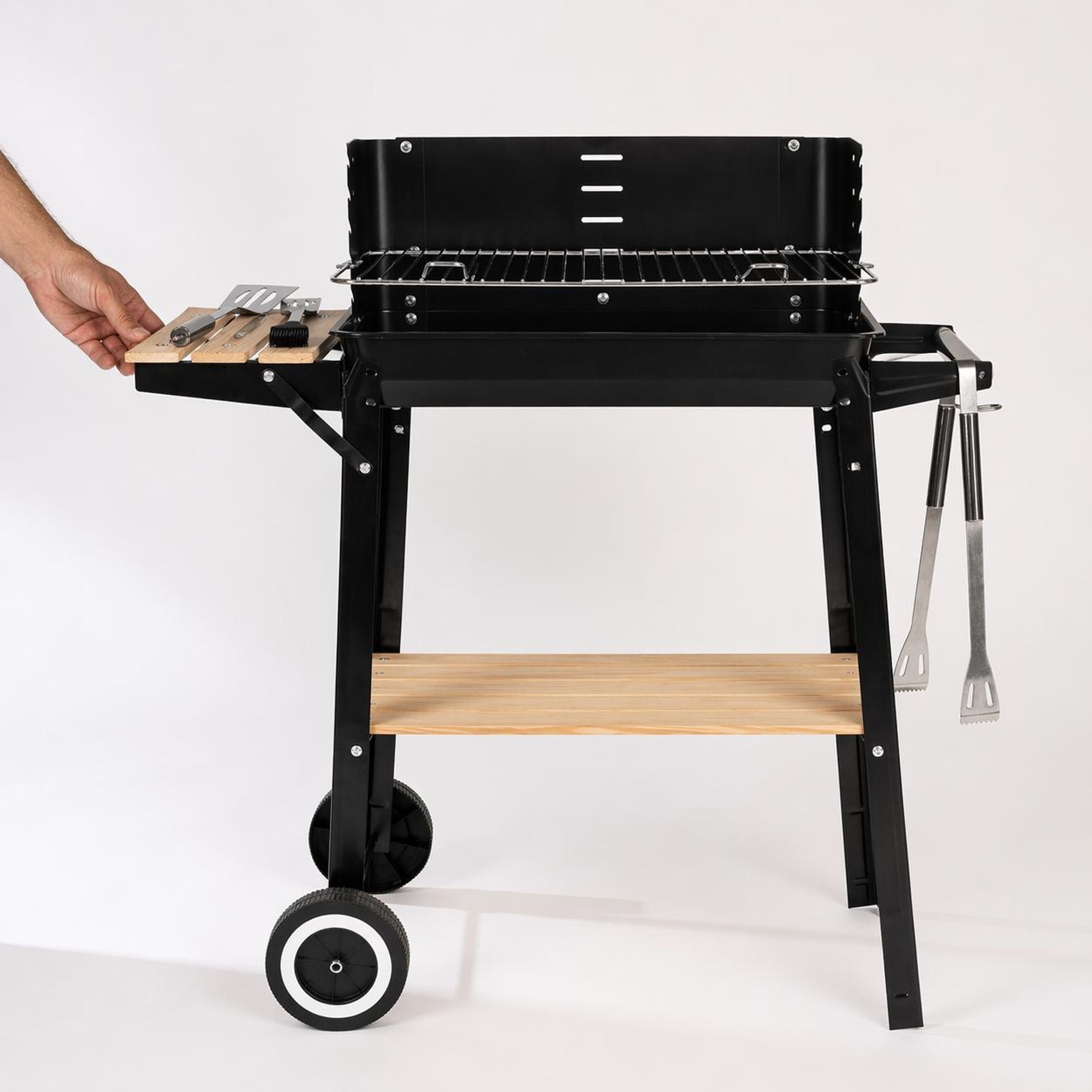 Bauhus Holzkohlegrill Garten Grill 53x33 cm mit Ablage Rollen und Warmhalterost schwarz groß