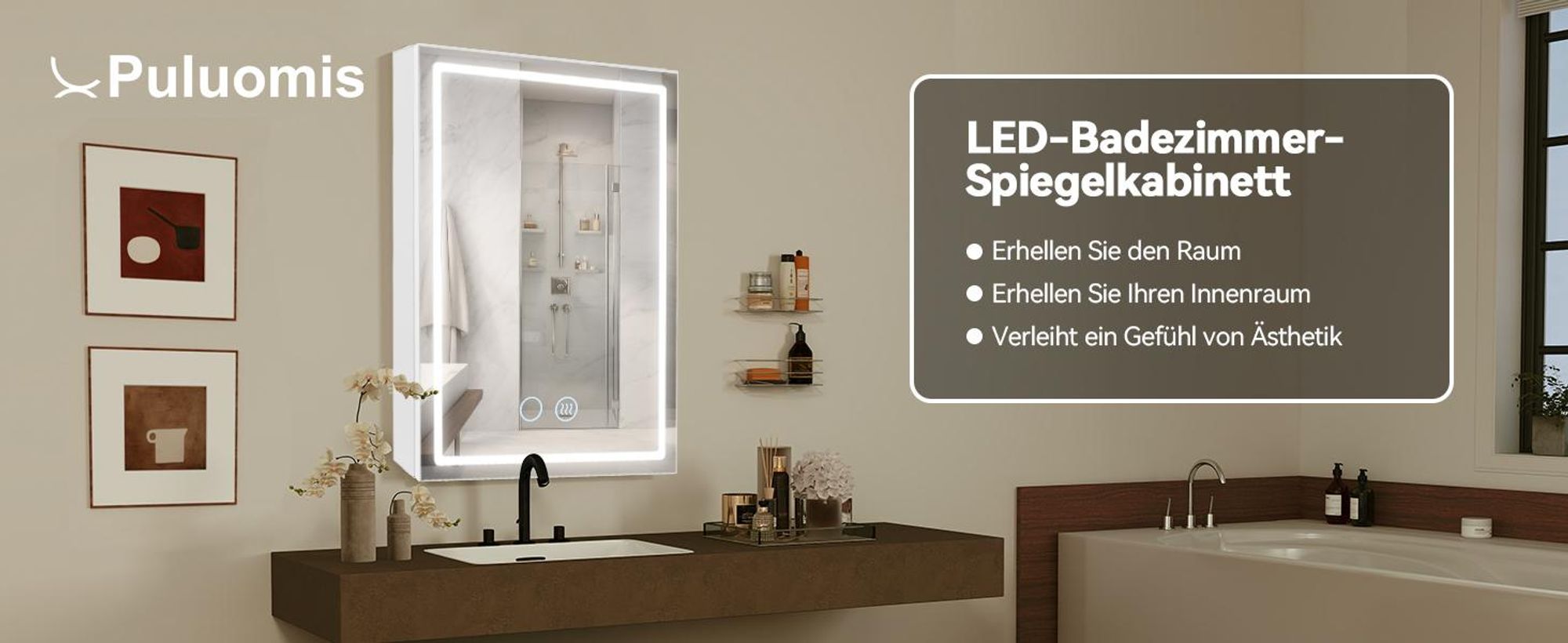 Puluomis Spiegelschrank Bad mit 3 färbiger dimmbarer Beleuchtung, Badezimmerschrank mit Steckdose, USB-Anschluss,Wandschrank Aluminium Badezimmer Weiß
