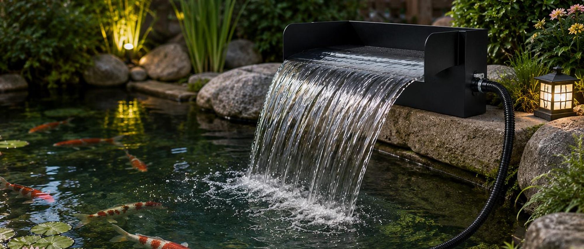 LED Pool Wasserfall mit UVC-Lampe & RGB Wasserspiel 3000L/H Teichpumpe mit Filter 31cm Edelstahl Teichwasserfall für Terrasse Bachläufe Gartenteiche