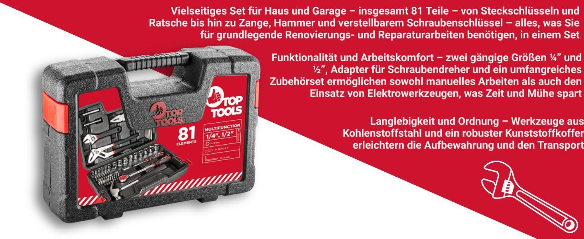 Top Tools Werkzeugset 81 tlg. mit Zangen, Schraubenschlüssel, Hammer und Bits