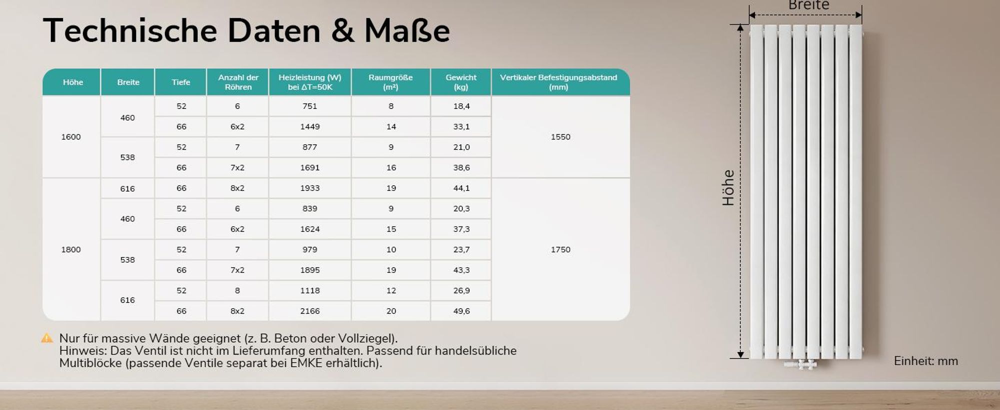 EMKE Heizkörper Flach 180 x 61,6 cm Doppellagig 2166 W Weiß Design Paneelheizkörper