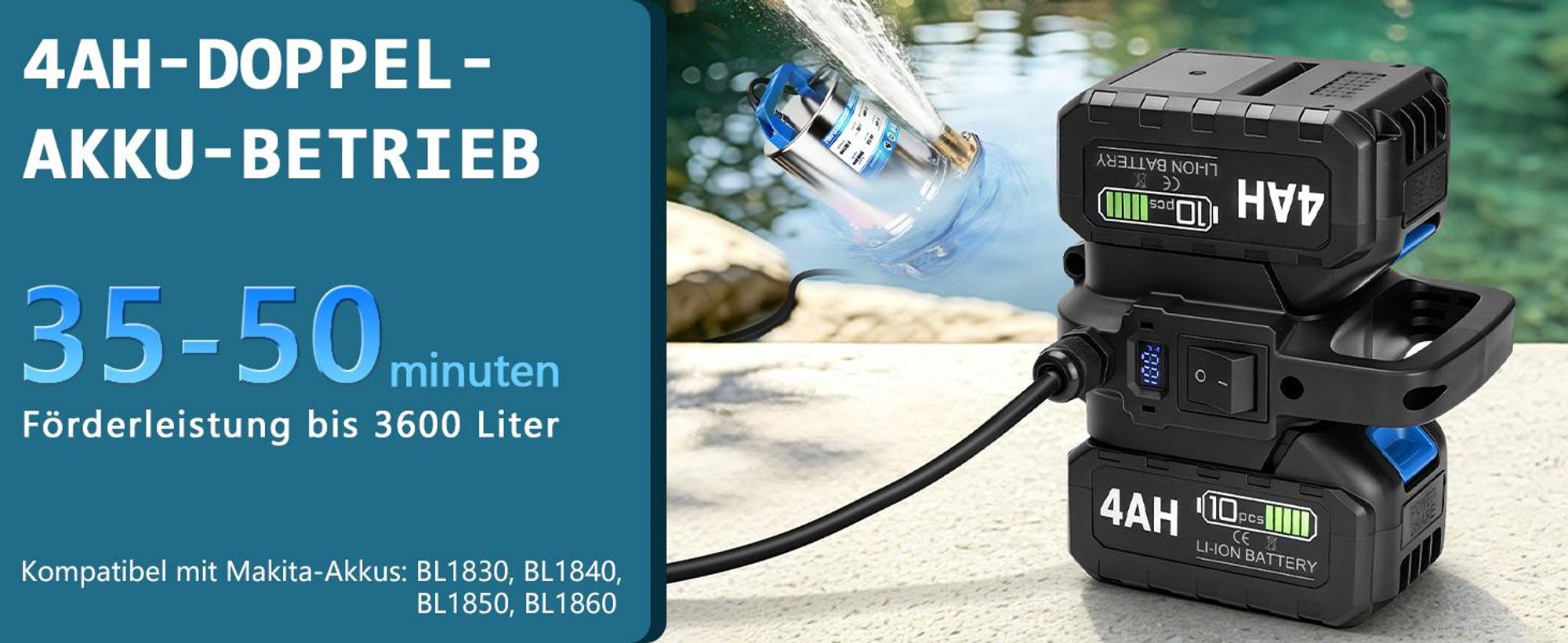 Akku Tauchpumpe mit 2×4Ah Doppel-Akku-Konstruktion 16m Förderhöhe 500W Klarwasserpumpe 80 L/min 4M Kabellänge Edelstahl Schmutzwasserpumpe Wasserpumpe