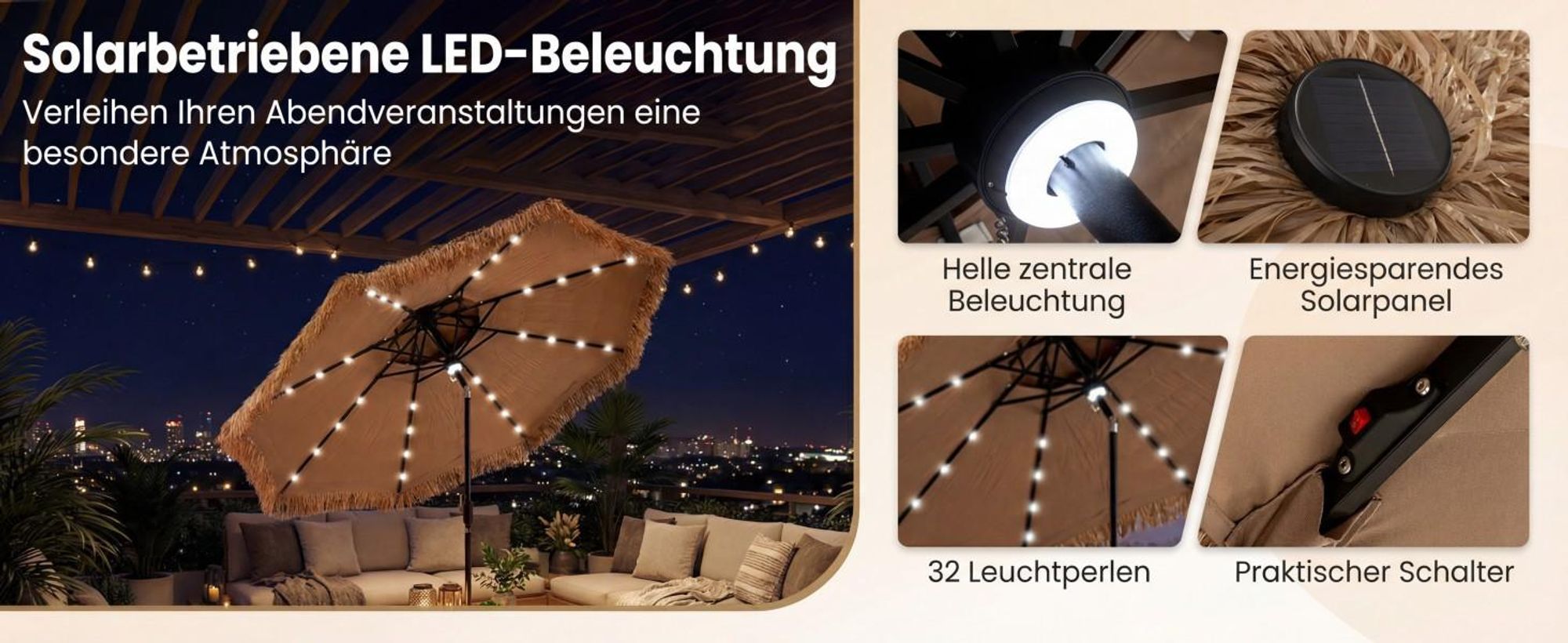 COSTWAY Sonnenschirm Hawaii 300 cm, Strohschirm mit Solar-LED und Doppeldach, Gartenschirm neigbar