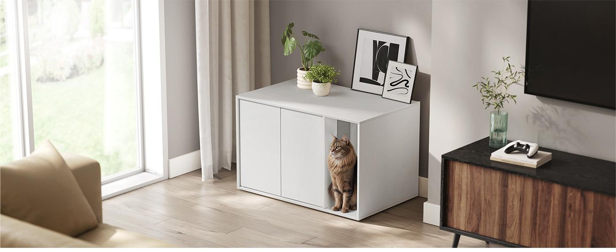 SONGMICS HOME kočičí toaleta s otevíracími dvířky, montáž bez použití nářadí, pro velké kočky, skříňka na toaletu sněhově bílá