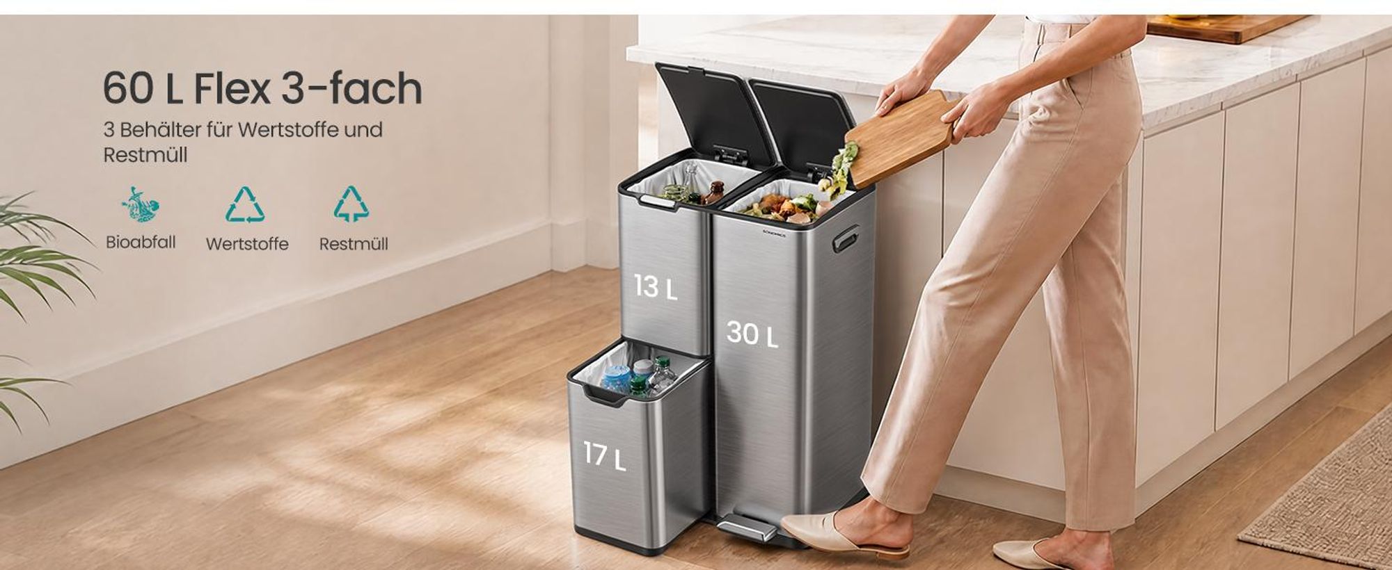 SONGMICS Mülltrennsystem Küche 60 L Tretmülleimer mit 3 Fächern 46,7 x 39 x 71,9 cm Silbern