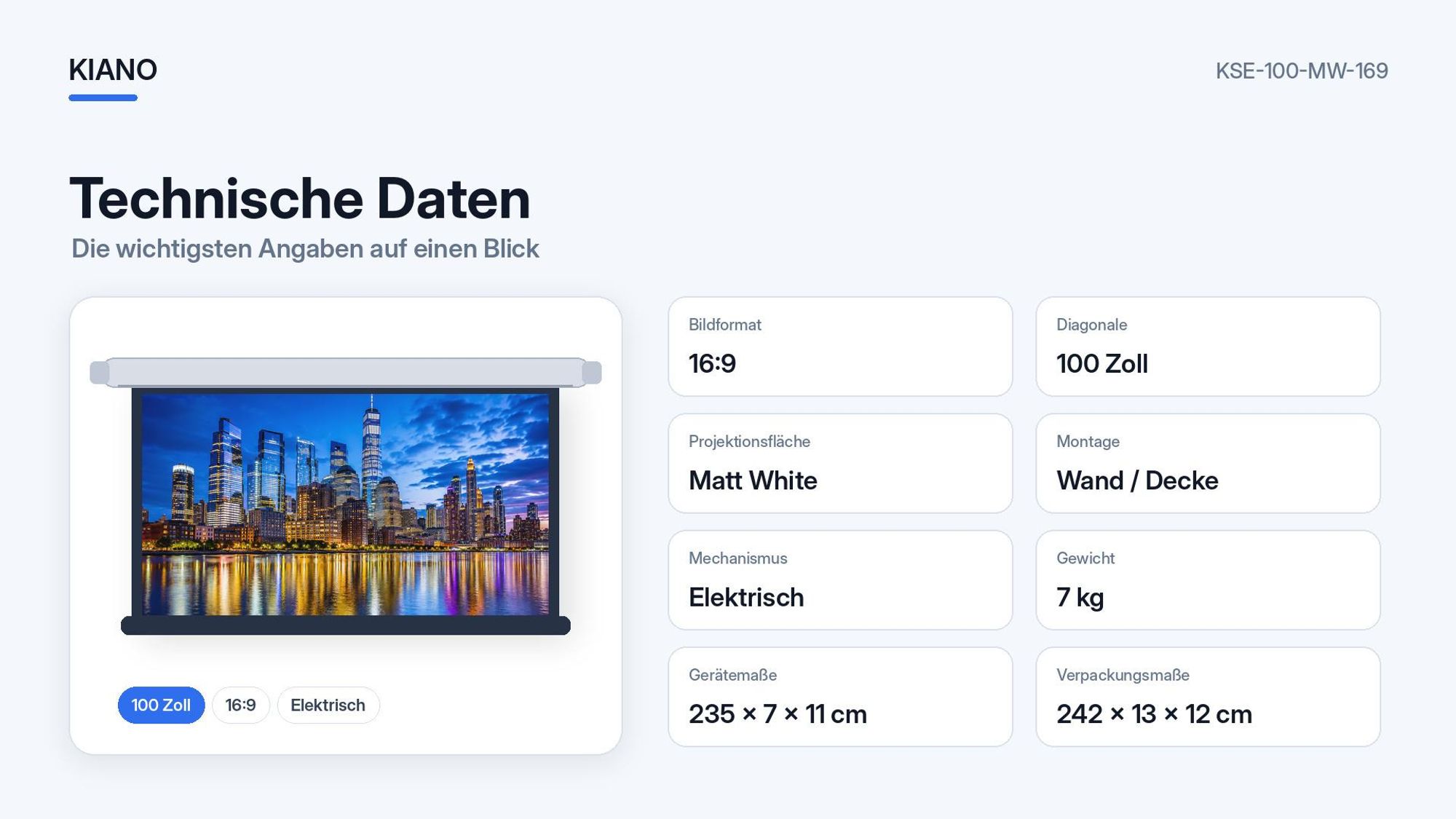 Kiano Electric 100 Zoll Beamer-Leinwand 16:9 Matt White, elektrisch, für Wand und Decke, Heimkino, Büro und Präsentationen