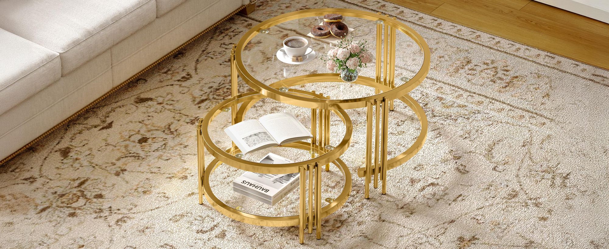 Beistelltisch Set mit Glasplatte und goldfarbenem Gestell